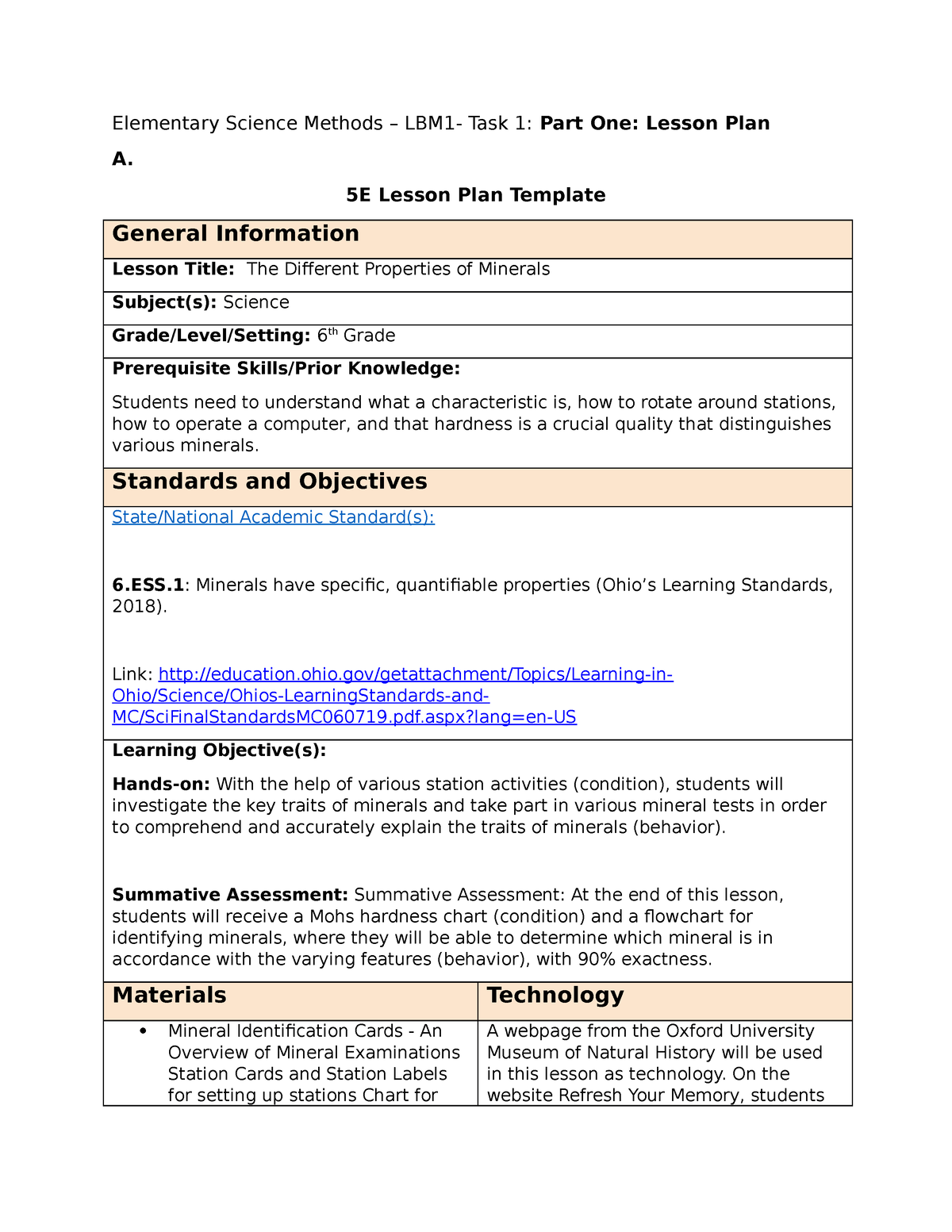WGU 5E Lesson Plan Template Elementary Science Methods LBM1 Task 1