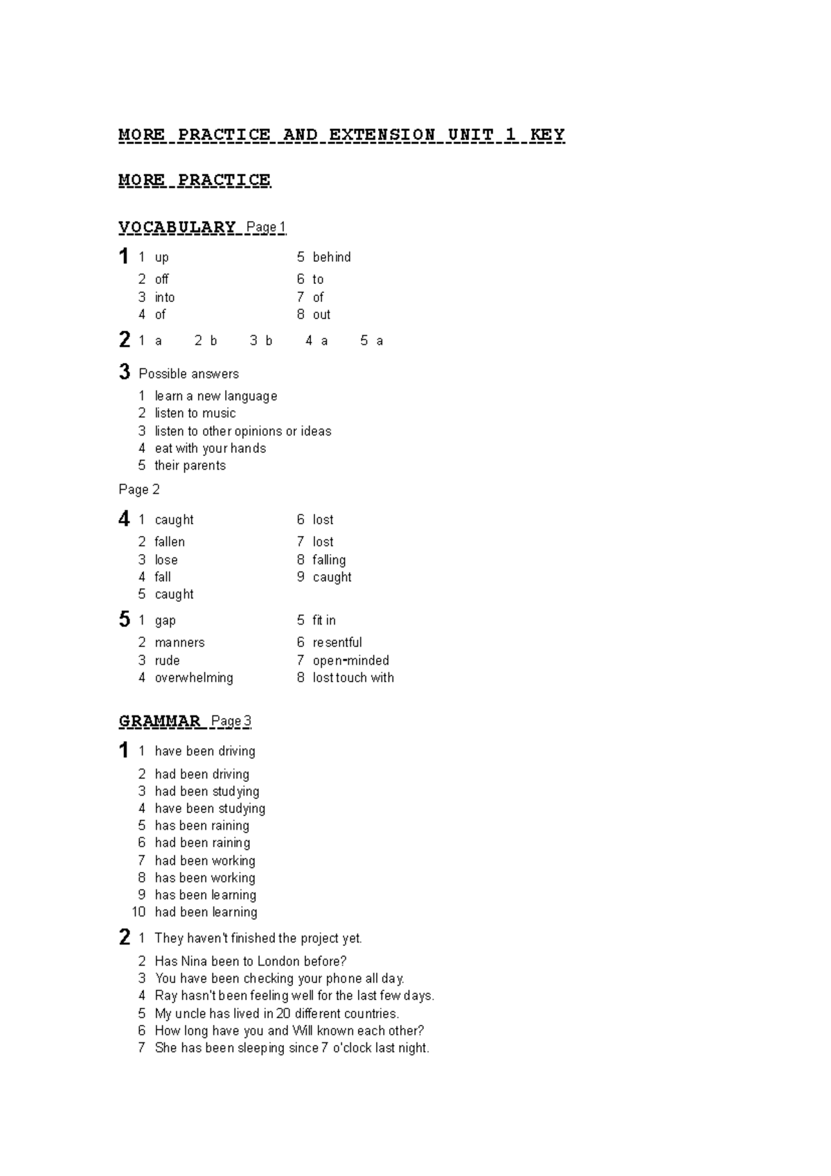 MORE Practice AND Extension UNIT 1 KEY - MORE PRACTICE AND EXTENSION ...