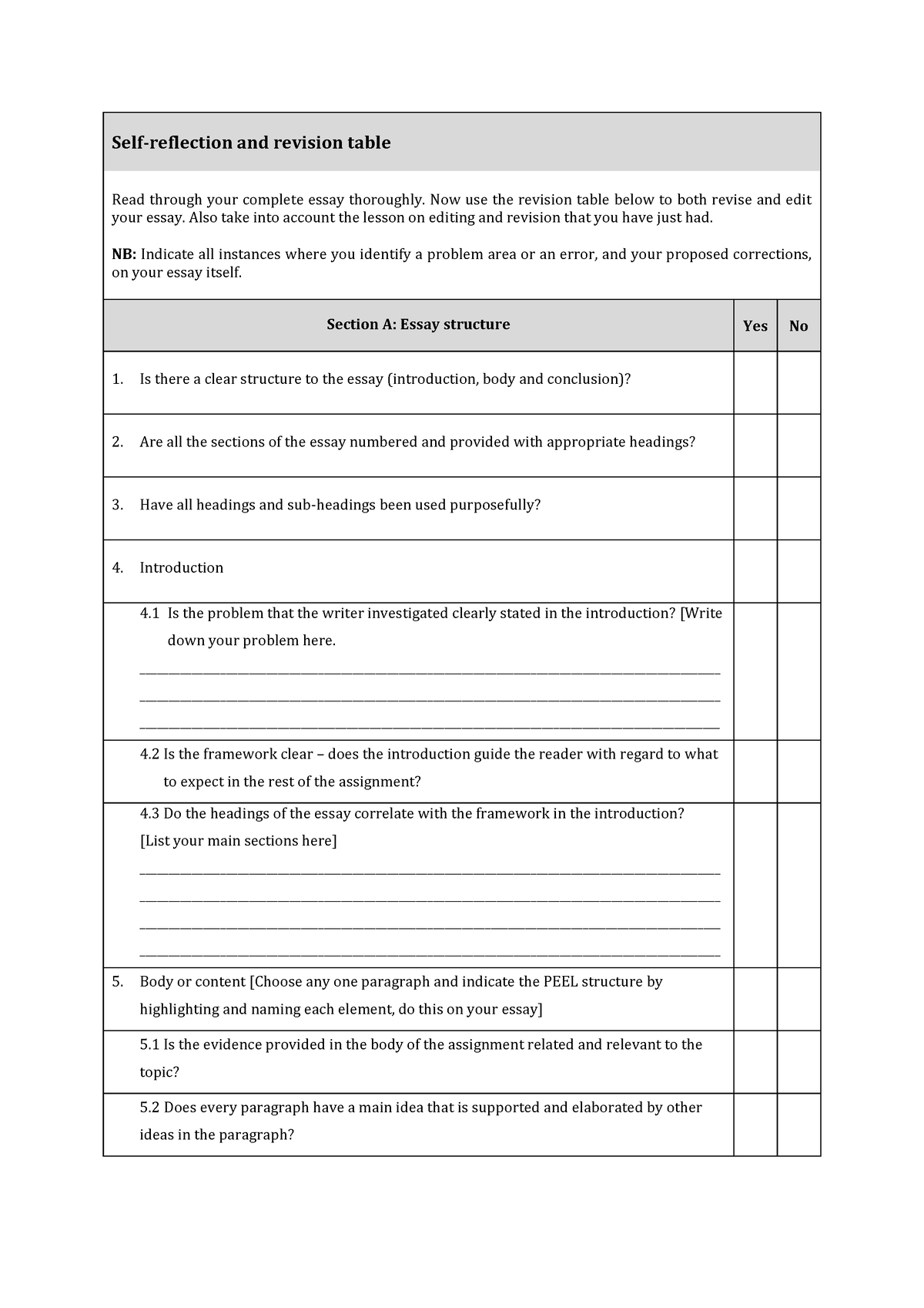 Self-reflection+table - Self-reflection and revision table Read through ...