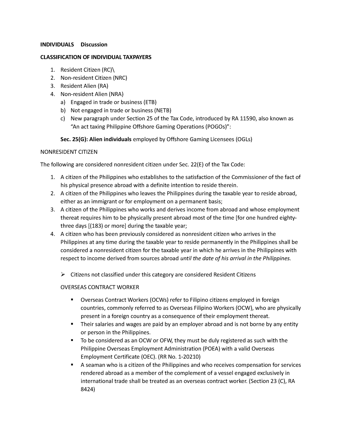 Income Taxation - INDIVIDUALS Discussion CLASSIFICATION OF INDIVIDUAL ...