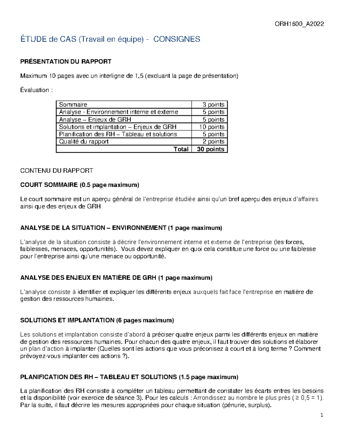 Etude Cas ORH1600 32 A2022 - ORH1600_A ÉTUDE De CAS (Travail En équipe ...