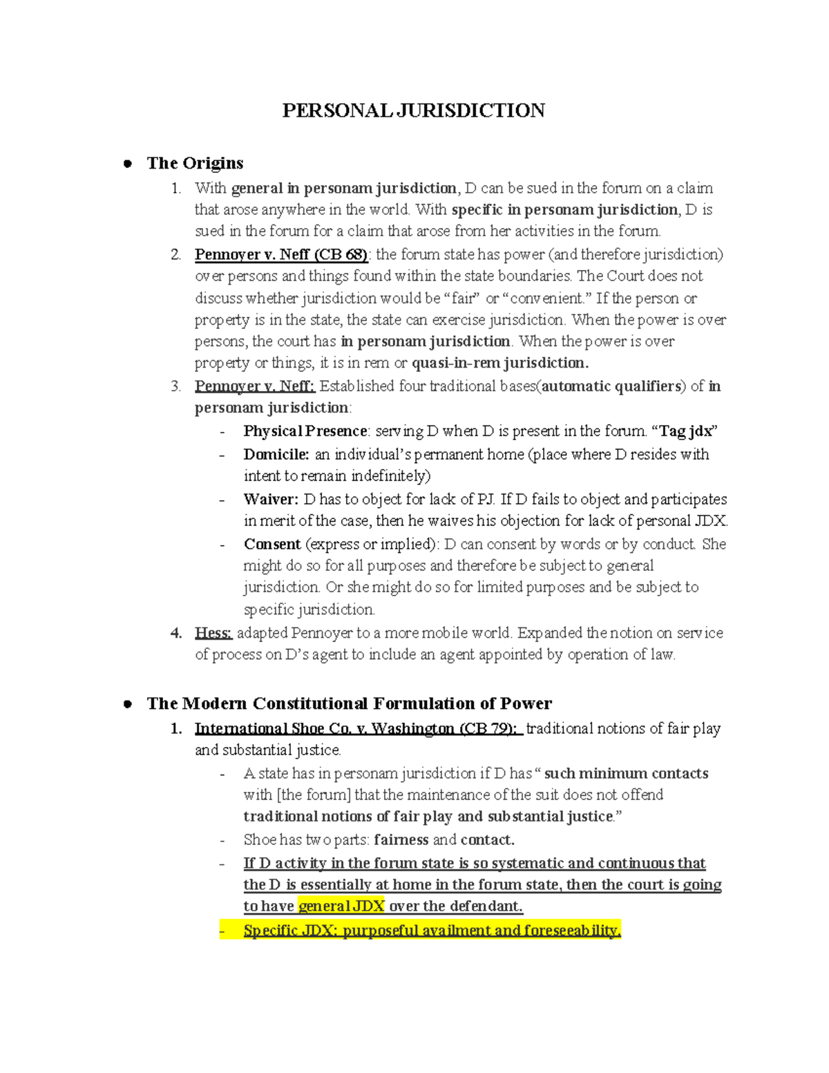 Civ Pro Outline - PERSONAL JURISDICTION The Origins With General In ...