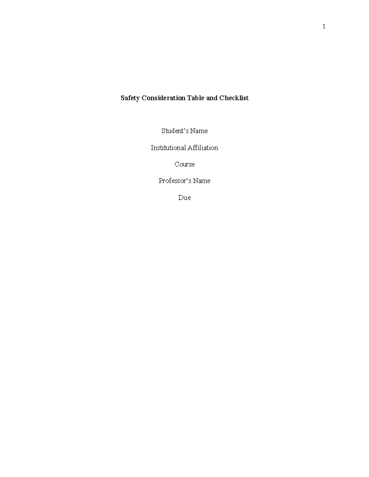 Safety Table - Nursing studies - Safety Consideration Table and ...