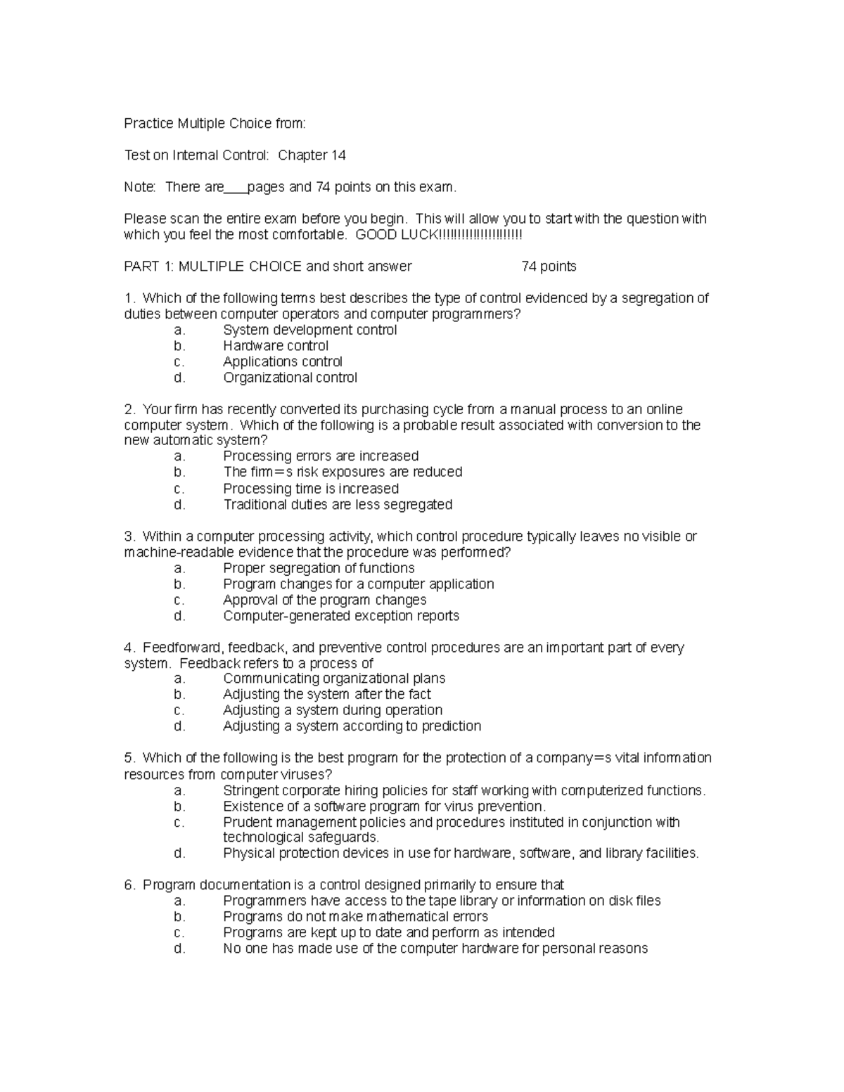 Practice Multiple Choice for Internal Control - Practice Multiple ...