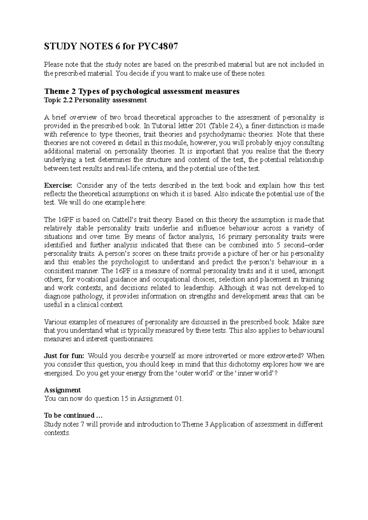 Study Notes 6 for PYC4807 - STUDY NOTES 6 for PYC Please note that the ...