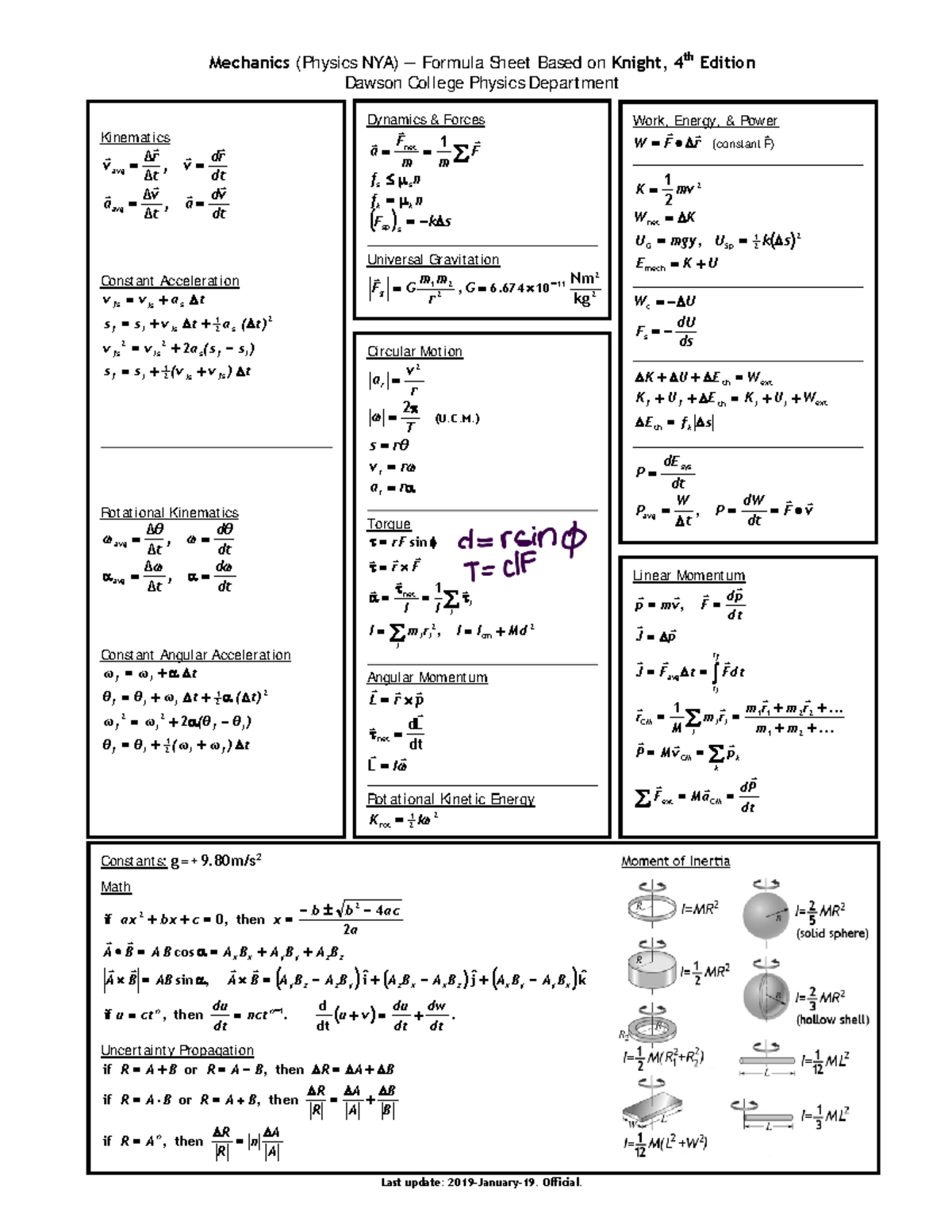 Knight only Official-NYA-Formula-sheet F21 - Mechanics (Physics NYA ...