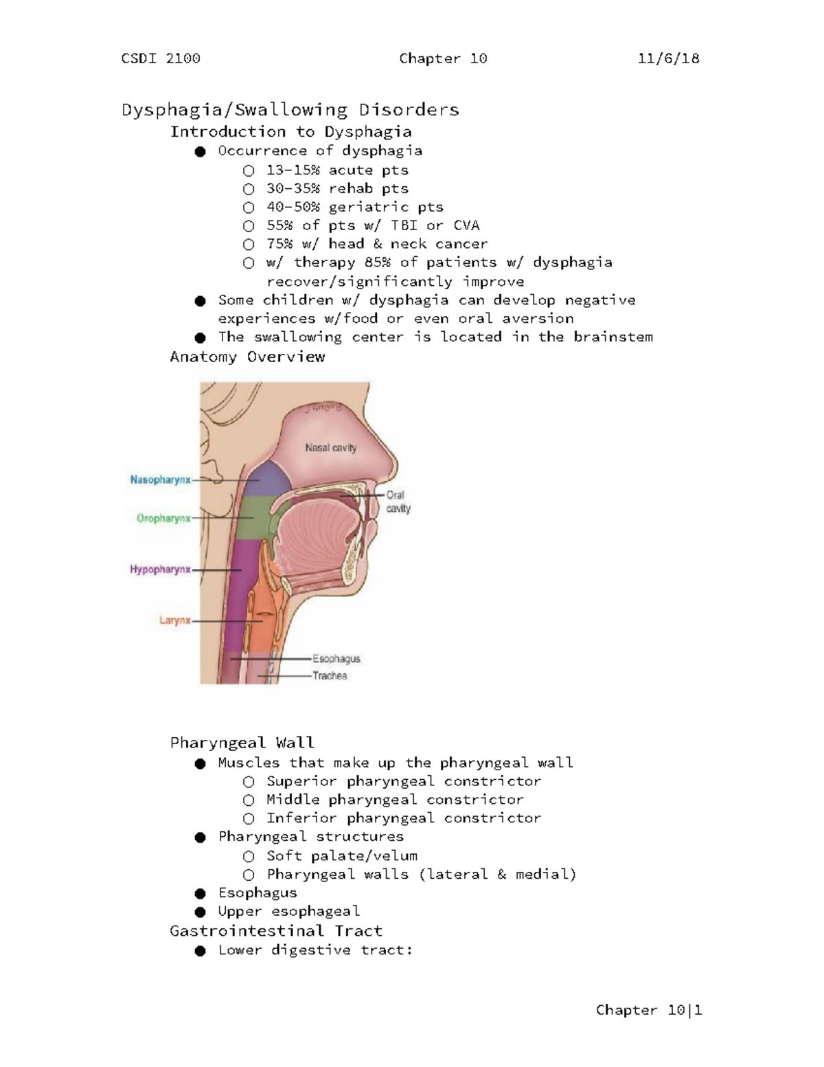 Dysphagia Swallowing Disorders - CSDI 2100 Chapter 10 11/6/18 Dysphagia ...