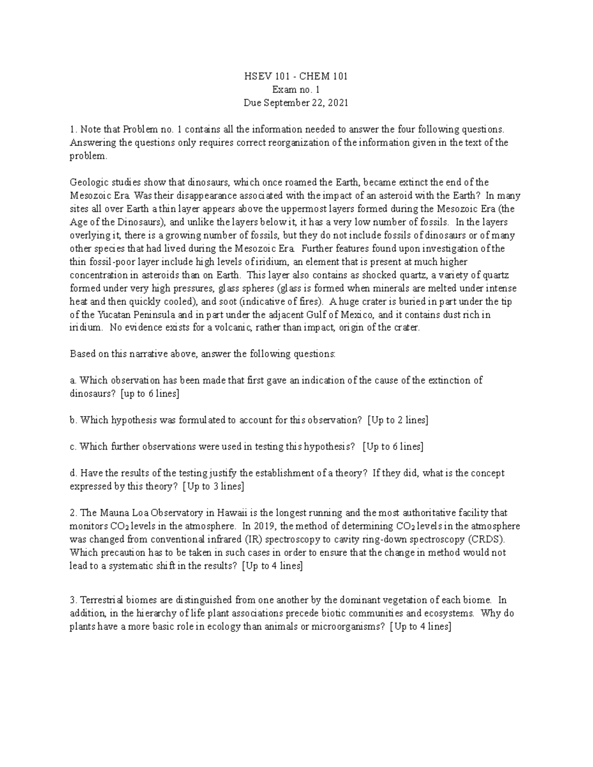 HSEV 101 - CHEM 101 Fall 2021 Exam no. 1 - HSEV 101 - CHEM 101 Exam no ...