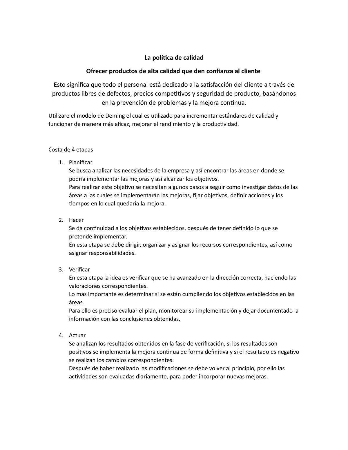 Calidad 1 sistema de calidad - La política de calidad Ofrecer productos ...