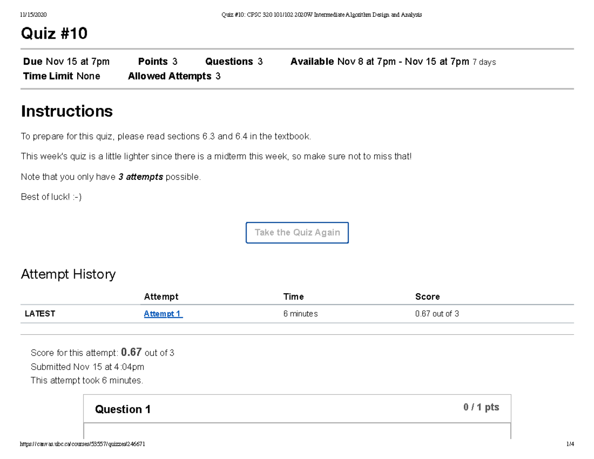 Quiz #10 CPSC 320 101 102 2020W Intermediate Algorithm Design and ...