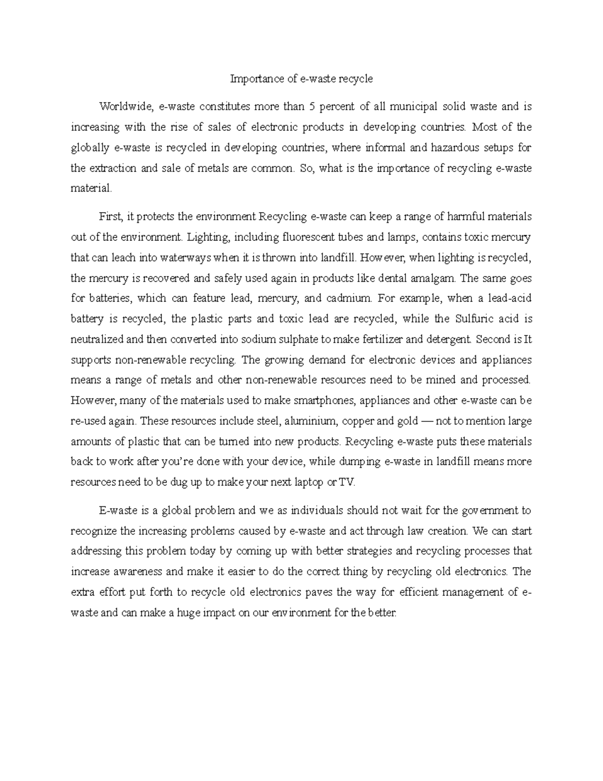 Assessment 5 Importance of ewaste recycle Worldwide, ewaste