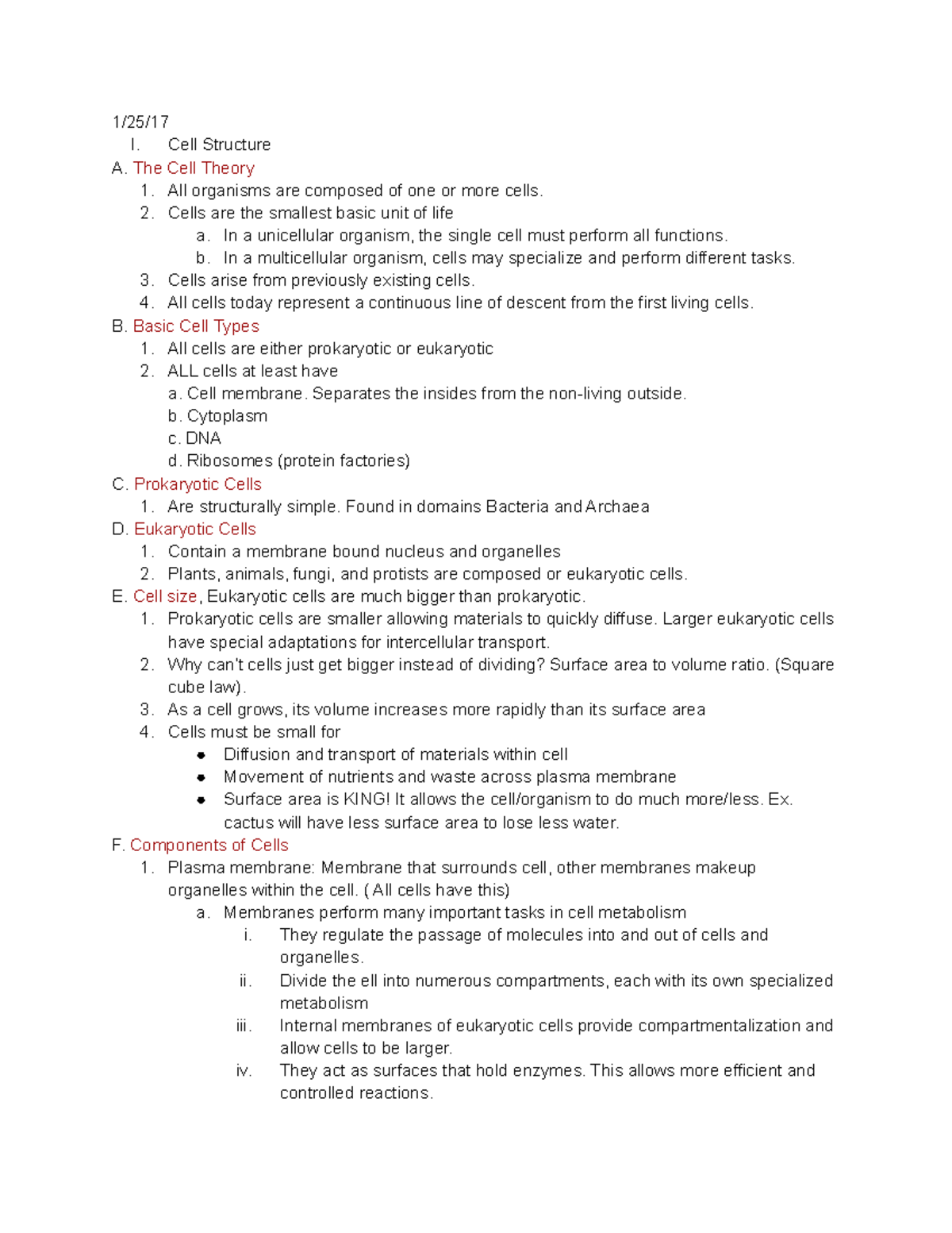 1.2 Cell Structure - Lecture notes 1.2 - 1/25/17 I. Cell Structure A ...