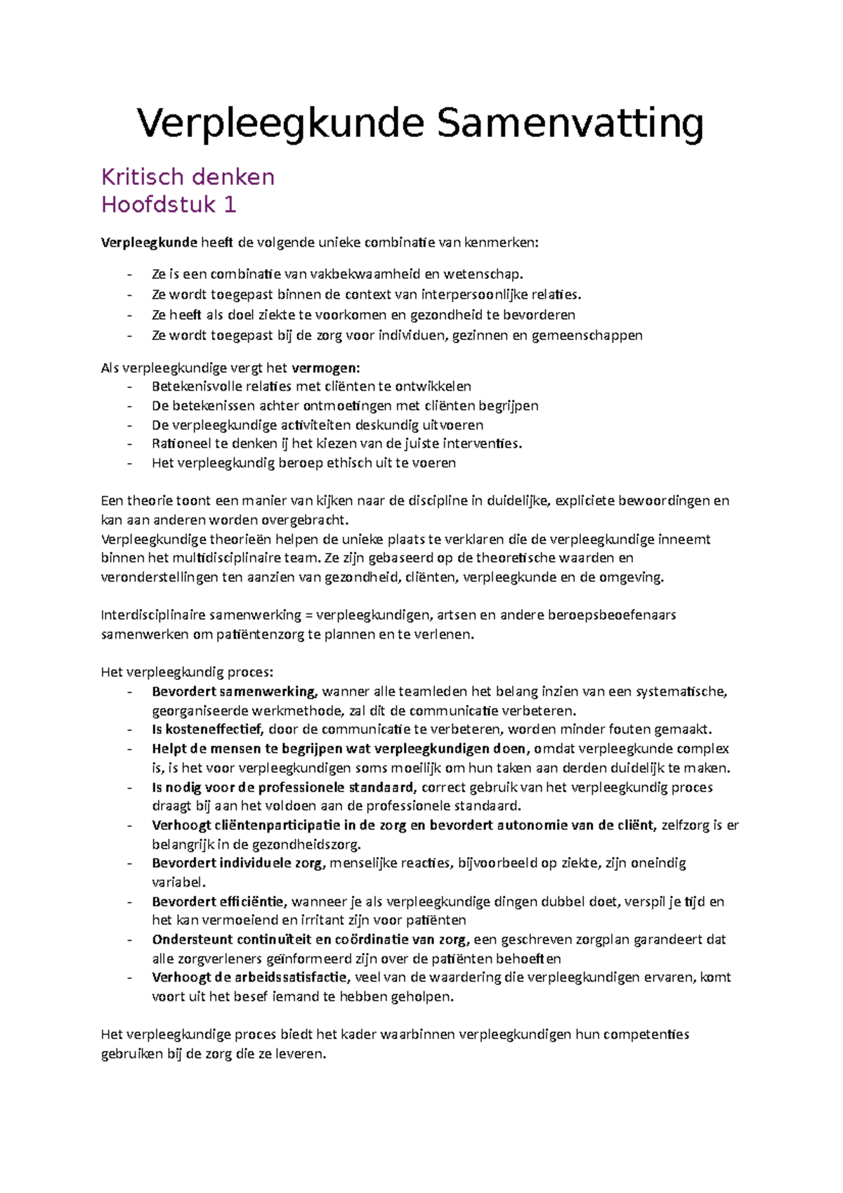 Samenvatting Verpleegkunde - Verpleegkunde Heeft De Volgende Unieke ...