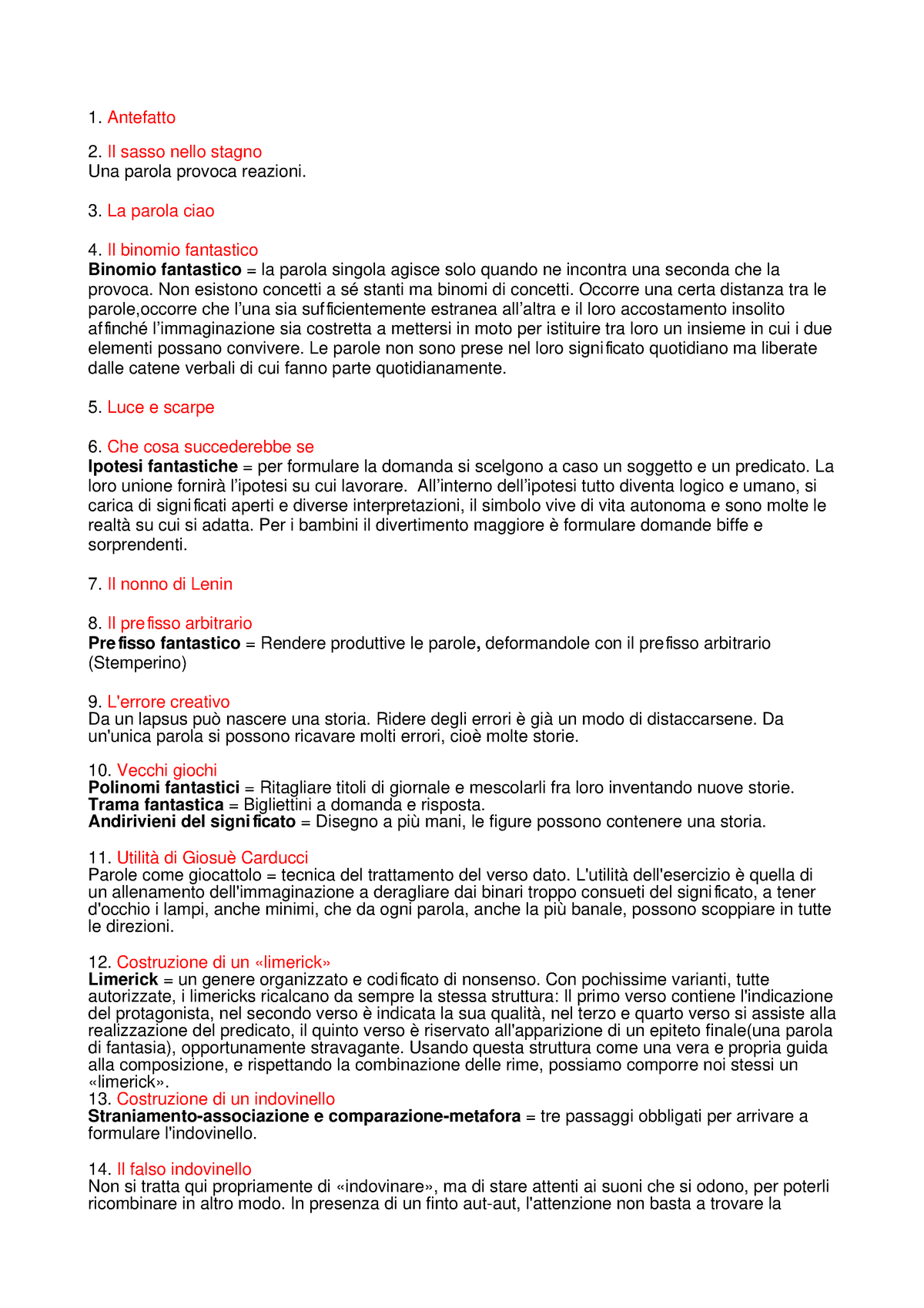 Riassunto Grammatica della fantasia, Rodari, Sintesi del corso di  Letteratura Italiana