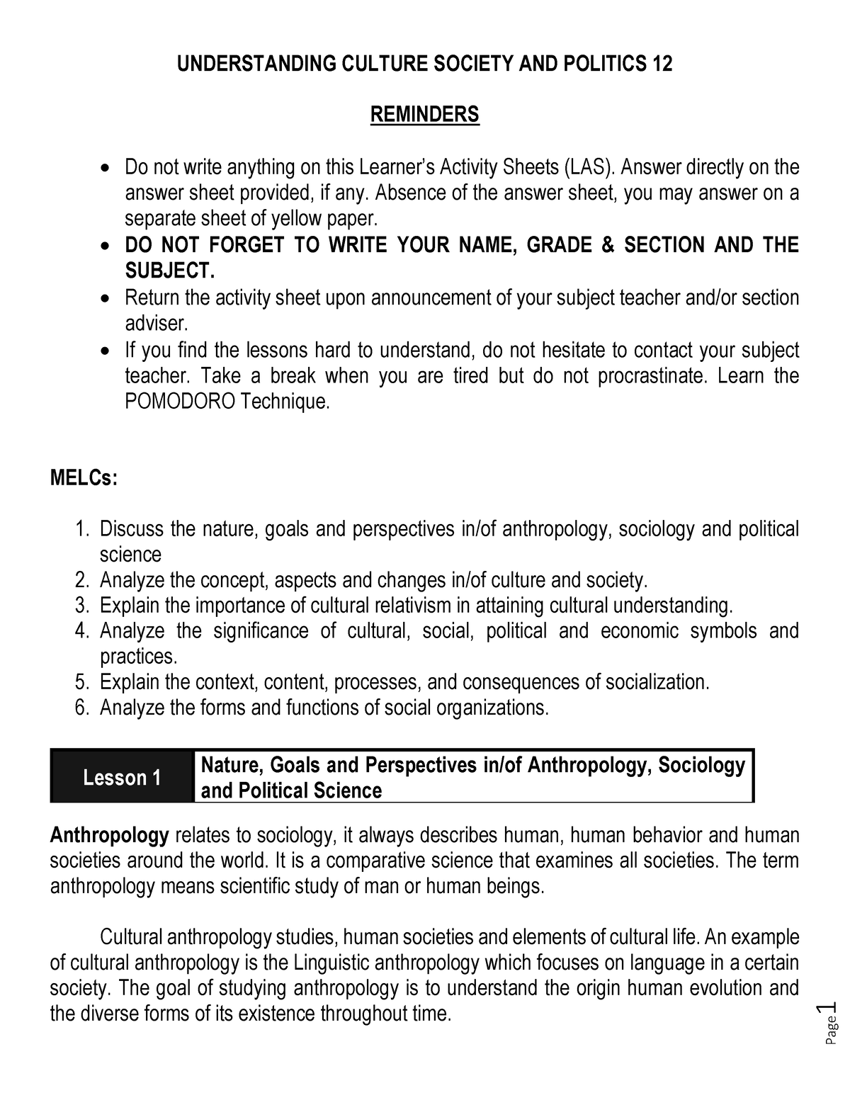 Understanding Culture Society And Politics (UCSP) EIM & HE WEEK 1 - 1 ...