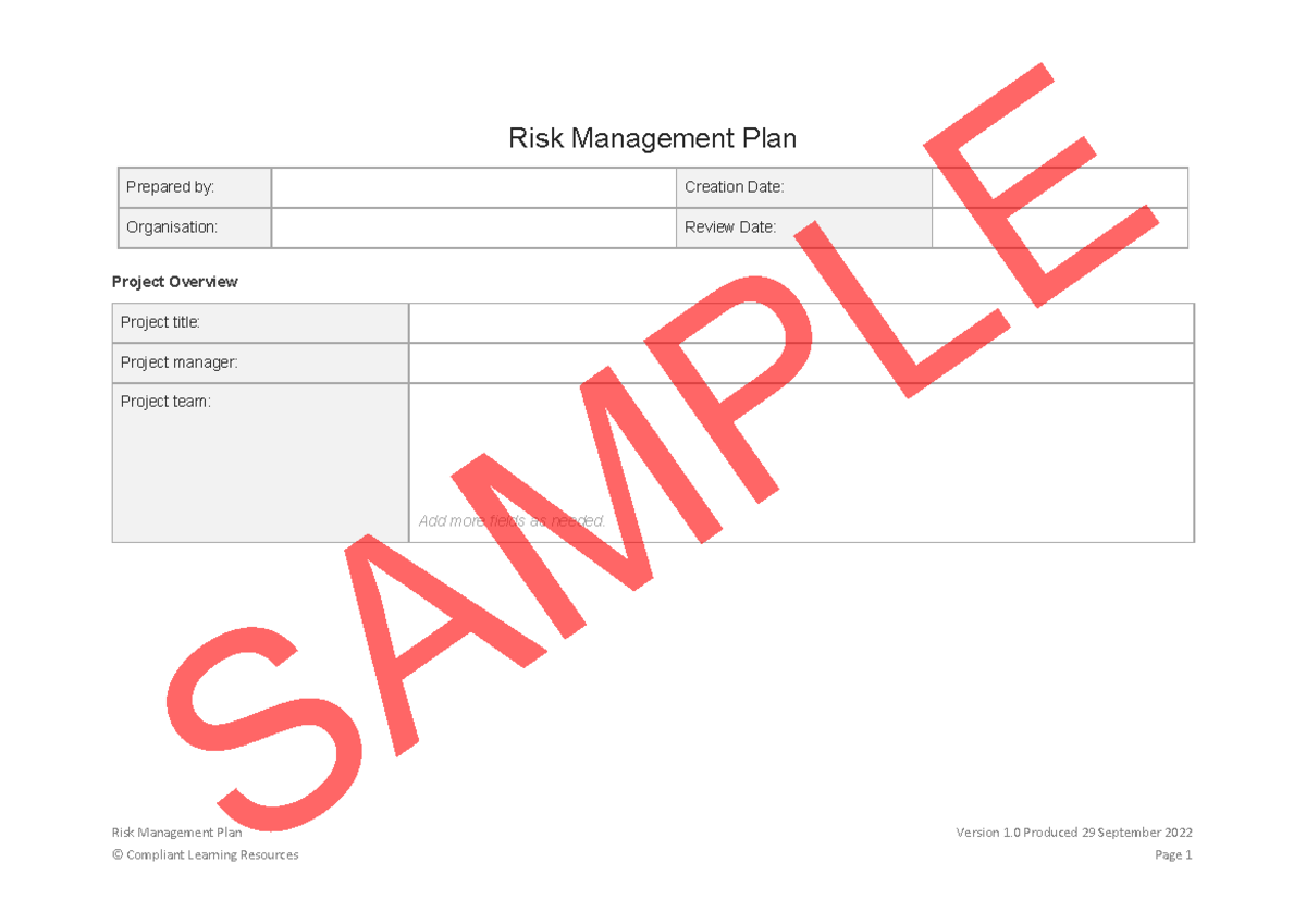 Risk Management Plan - Risk Management Plan Version 1 Produced 29 ...