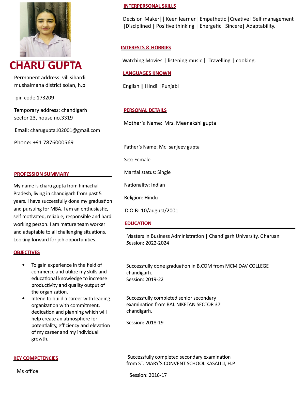 Charu Resume NEW - NIL - CHARU GUPTA Permanent address: vill sihardi ...