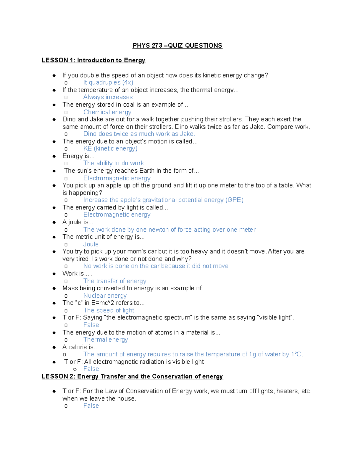 PHYS 273 MC - Notes - PHYS 273 –QUIZ QUESTIONS LESSON 1: Introduction ...