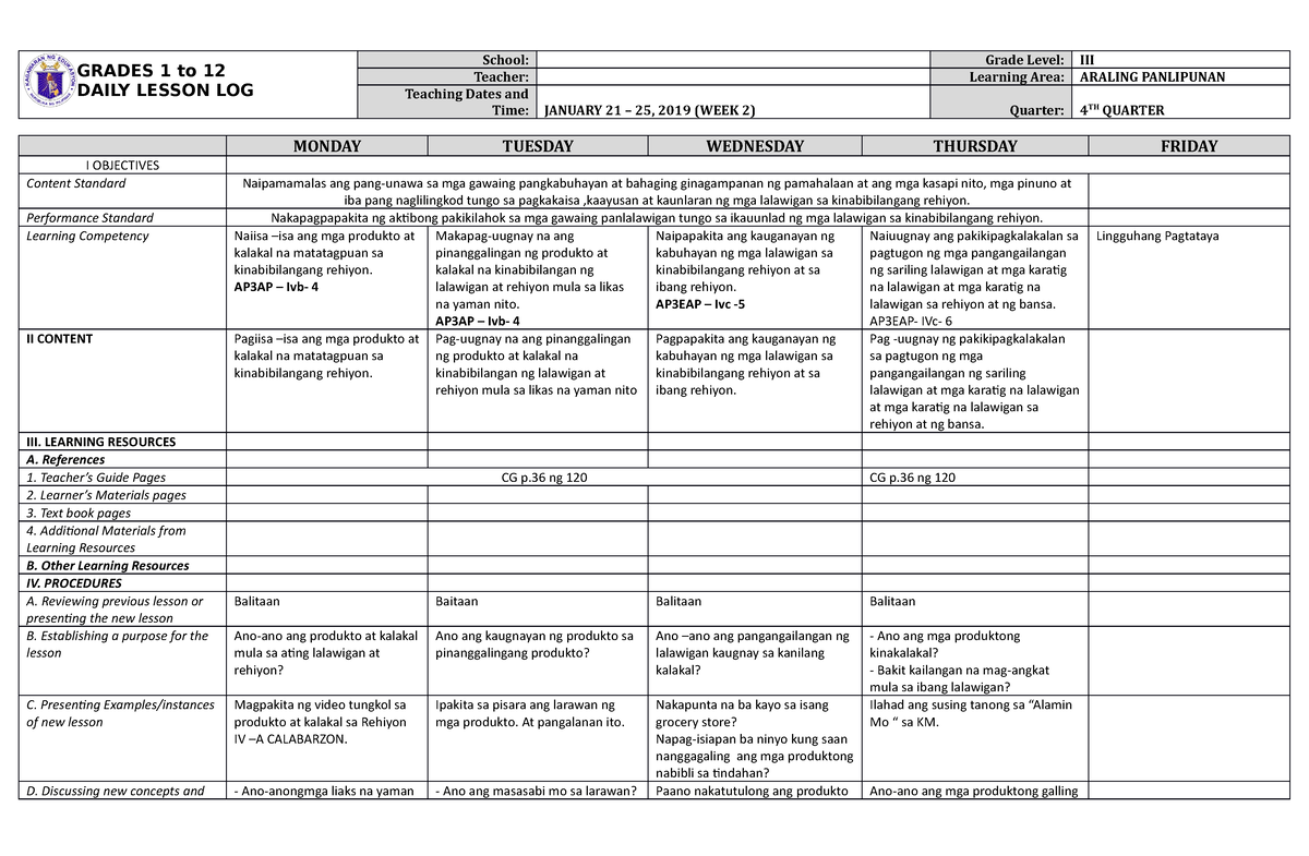 Dll Araling Panlipunan 3 Q4 W2 Grades 1 To 12 Daily Lesson Log School Grade Level Iii 0149