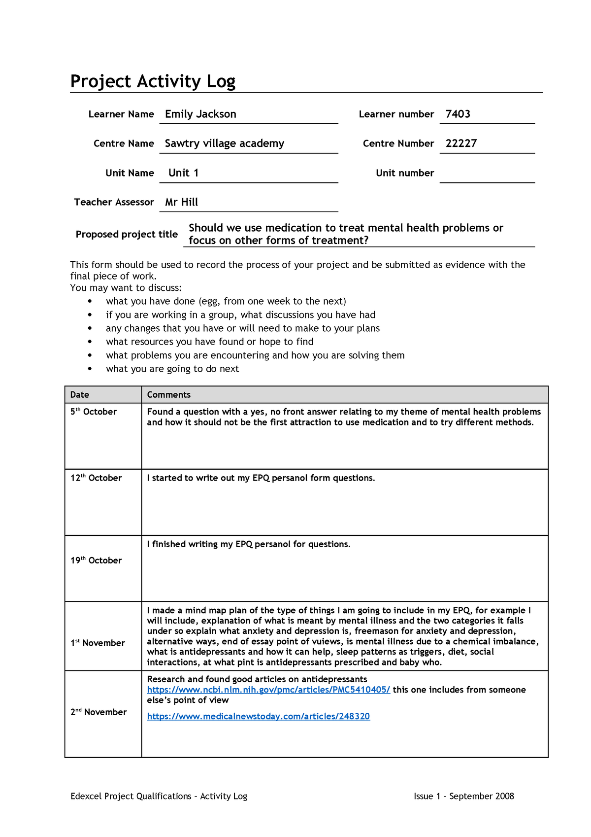 EPQ Activity Log - Project Activity Log Learner Name Emily Jackson ...