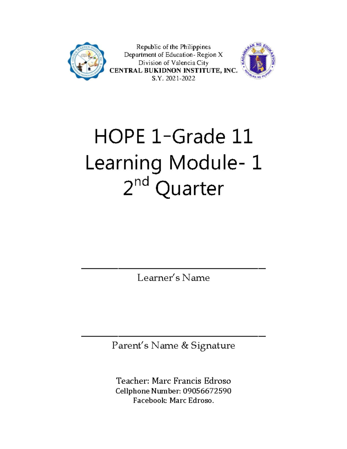 HOPE1-F1M1 - HOPE1-F1M1 - Republic of the Philippines Department of ...