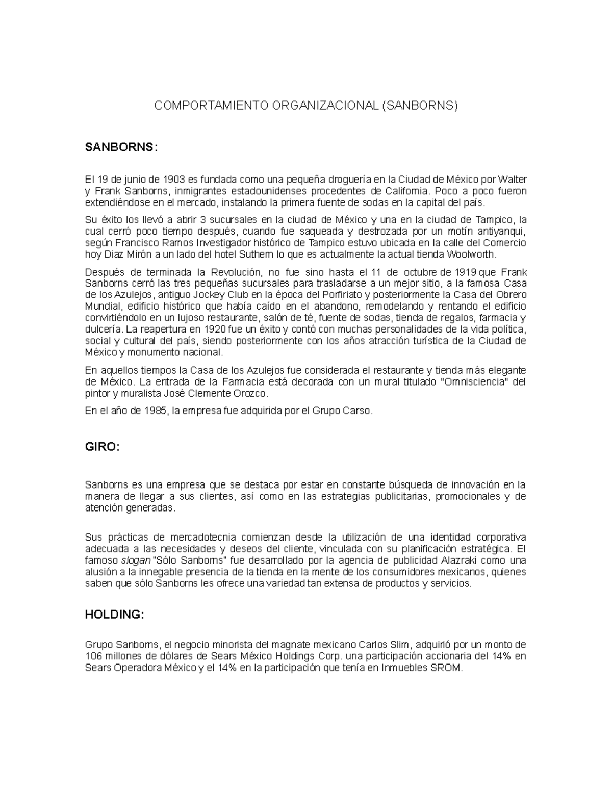 Comportmiento Organizacional Sanborns COMPORTAMIENTO ORGANIZACIONAL