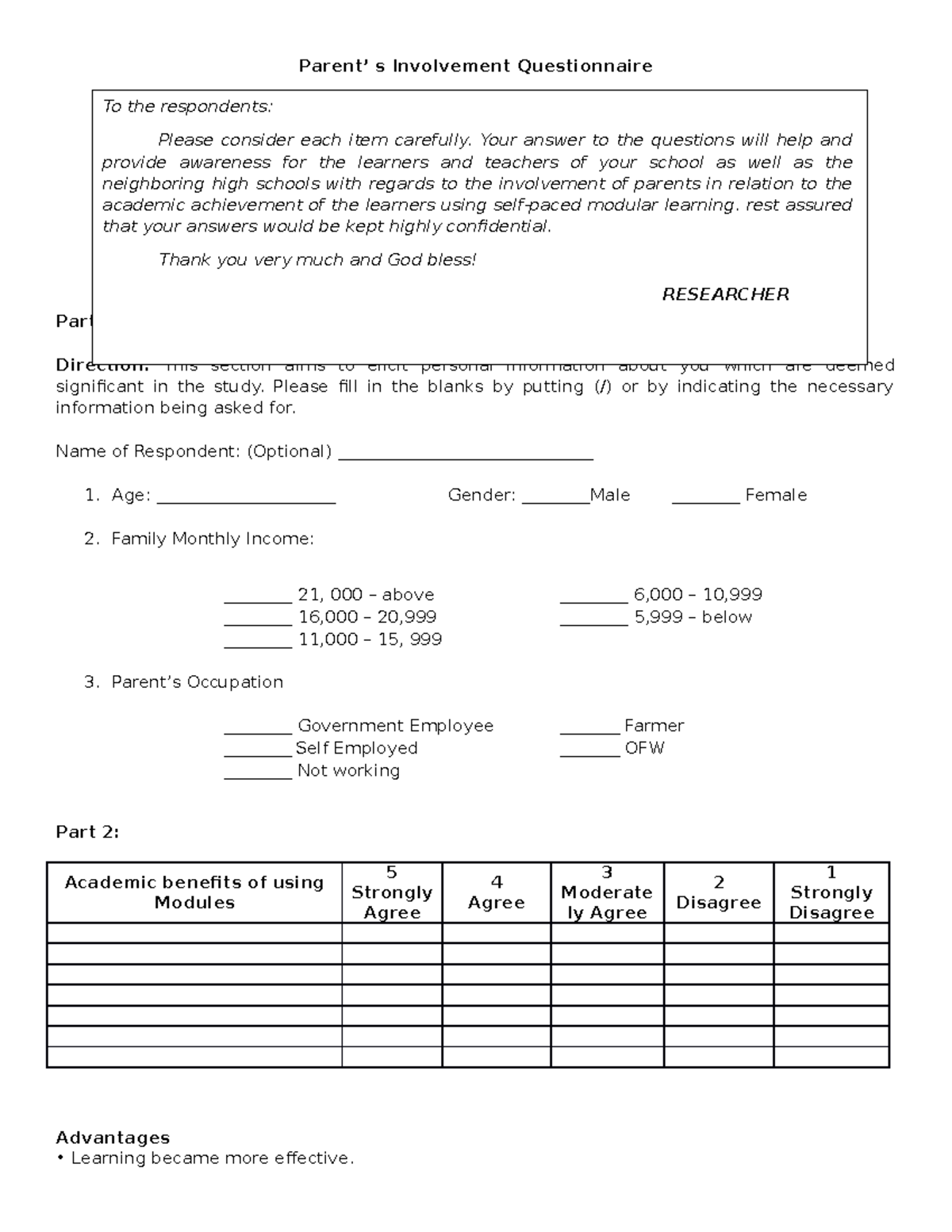 Possible question - Parent’ s Involvement Questionnaire Part 1 ...