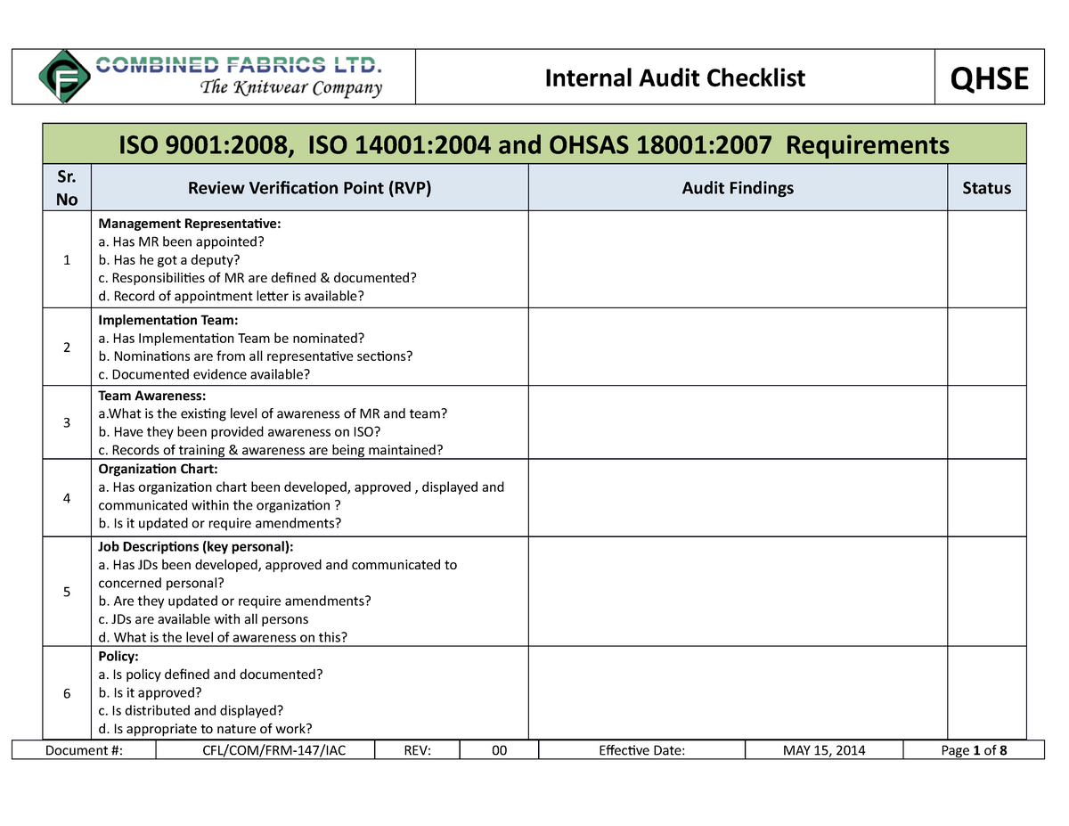 Internal Audit Checklist: Iso 22, 22 And Osha Requirements Regarding Iso 9001 Internal Audit Report Template