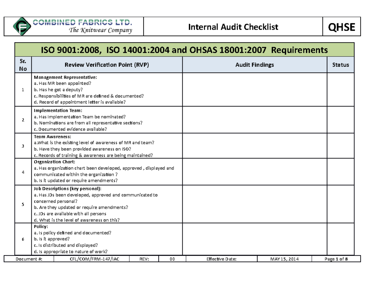 internal audit checklist for iso 9001