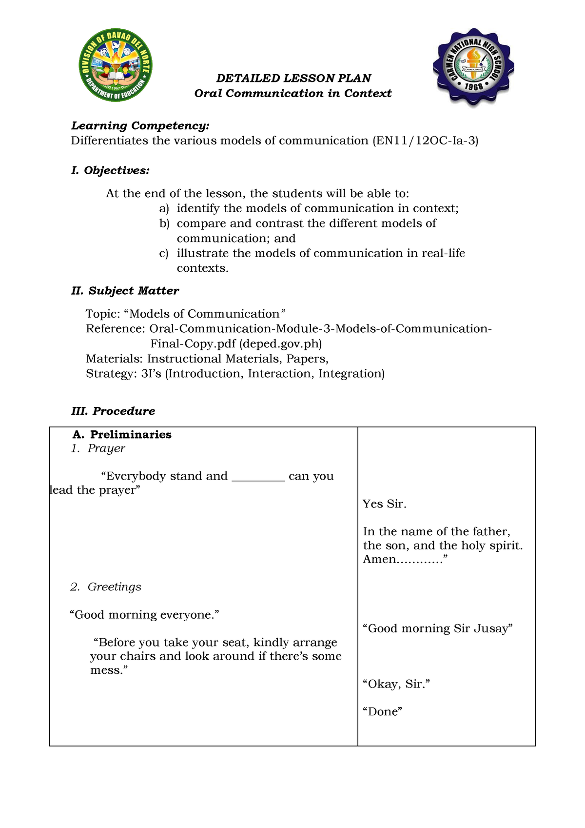 Final Models of Communication Donn LP 1 DETAILED LESSON PLAN Oral 