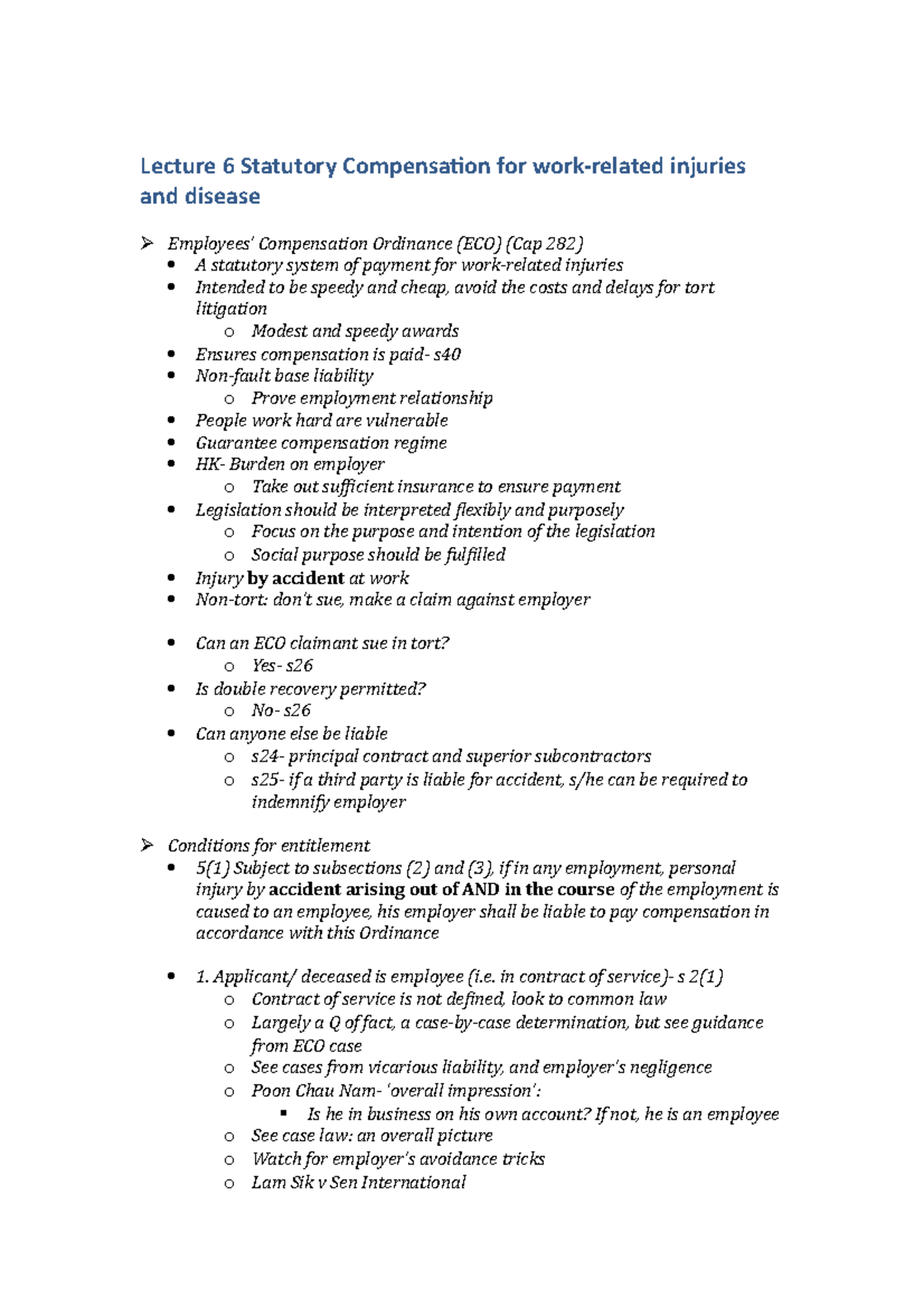 Lecture 6 - Lecture 6 Statutory Compensation for work-related injuries ...