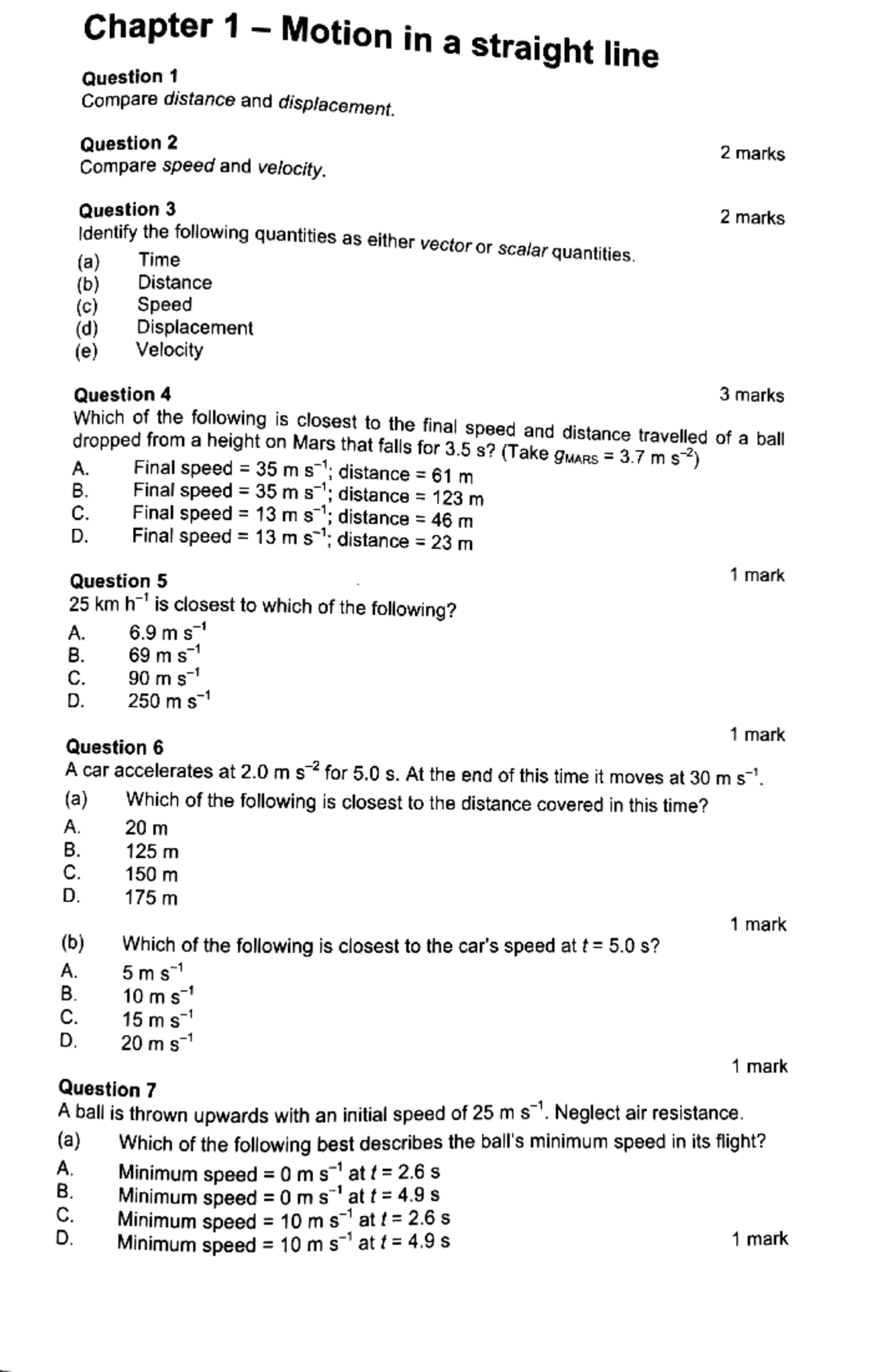 Kinematics extra questions with answers - B Question 1 B Compare ...
