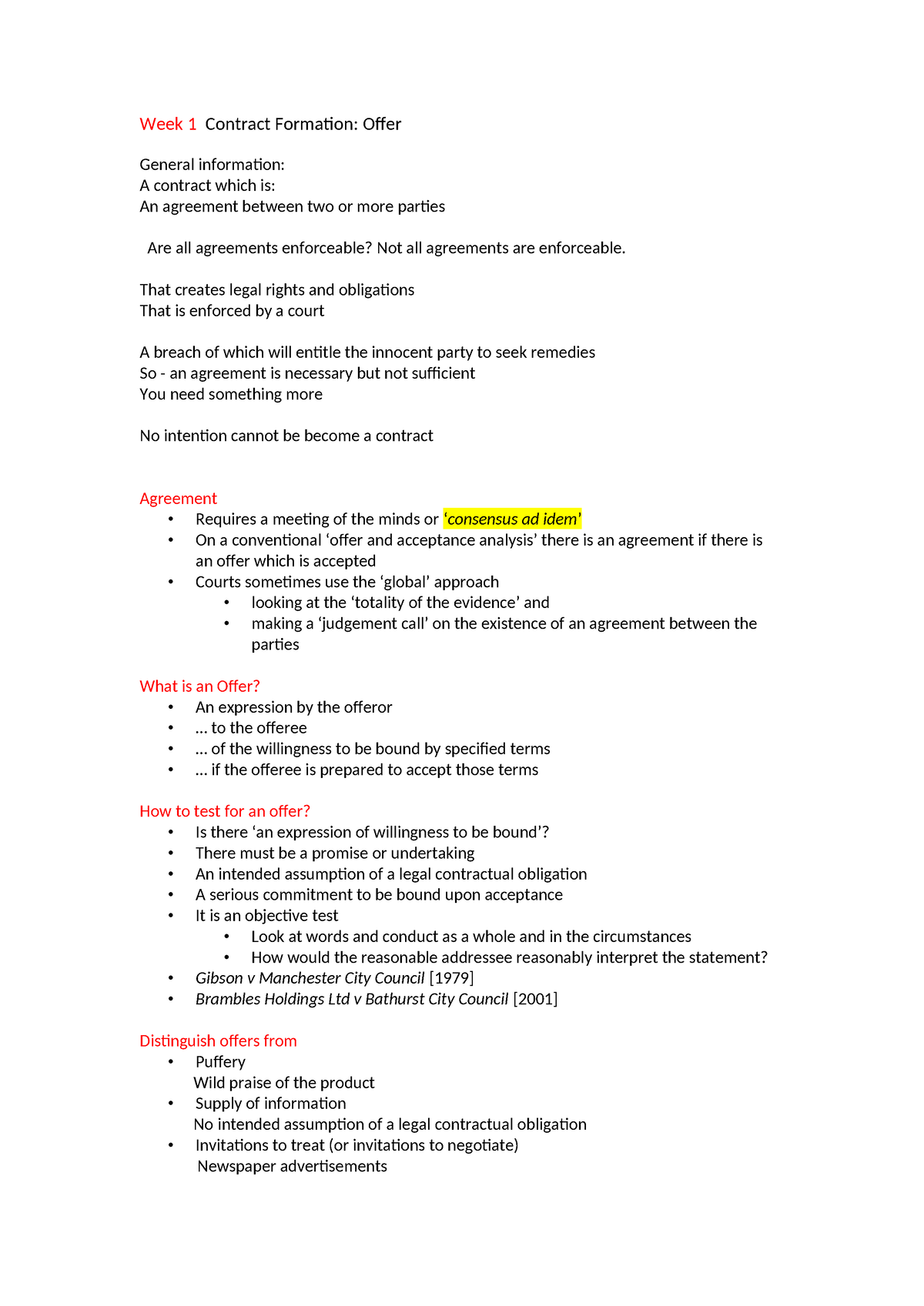 Contract Law A Notes - About All Lectures Detail - Week 1 Contract ...