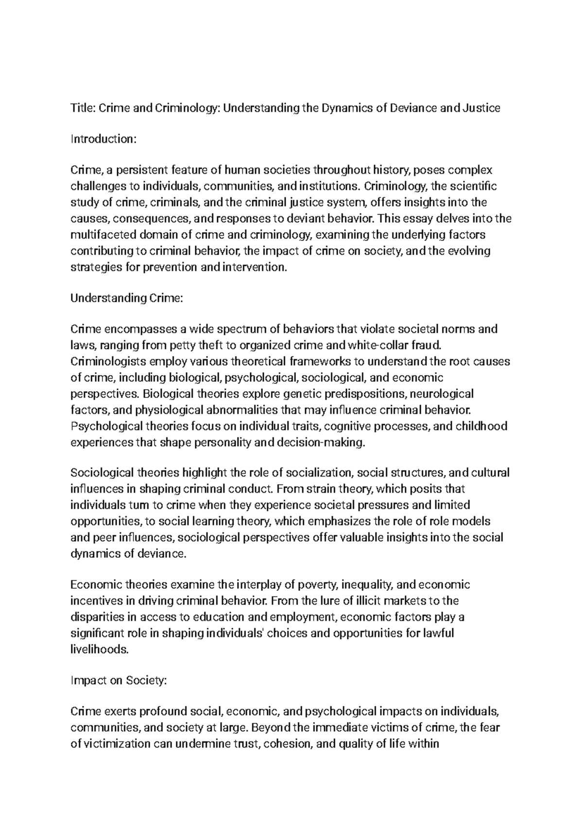 Title Crime and Criminology Understanding the Dynamics of Deviance and ...
