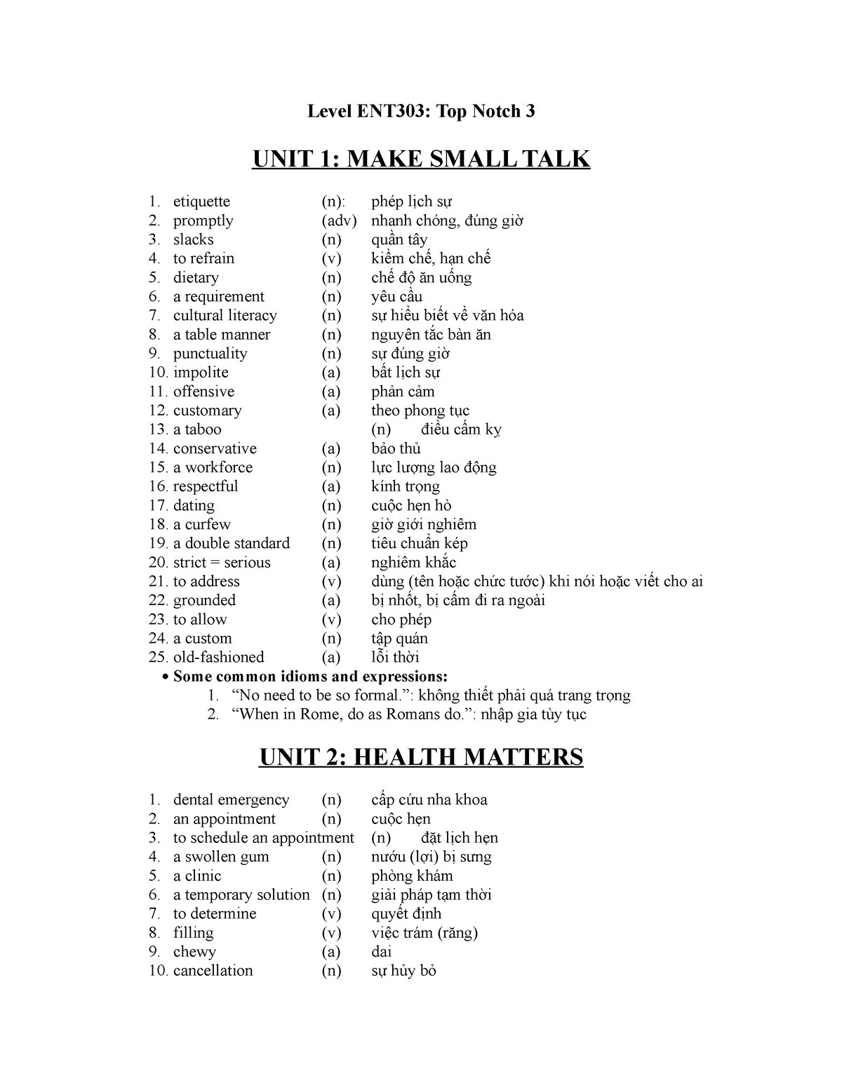 Vocabulary - VOCAB TOPNOTCH 3 FPTU - Level ENT303: Top Notch 3 UNIT 1 ...