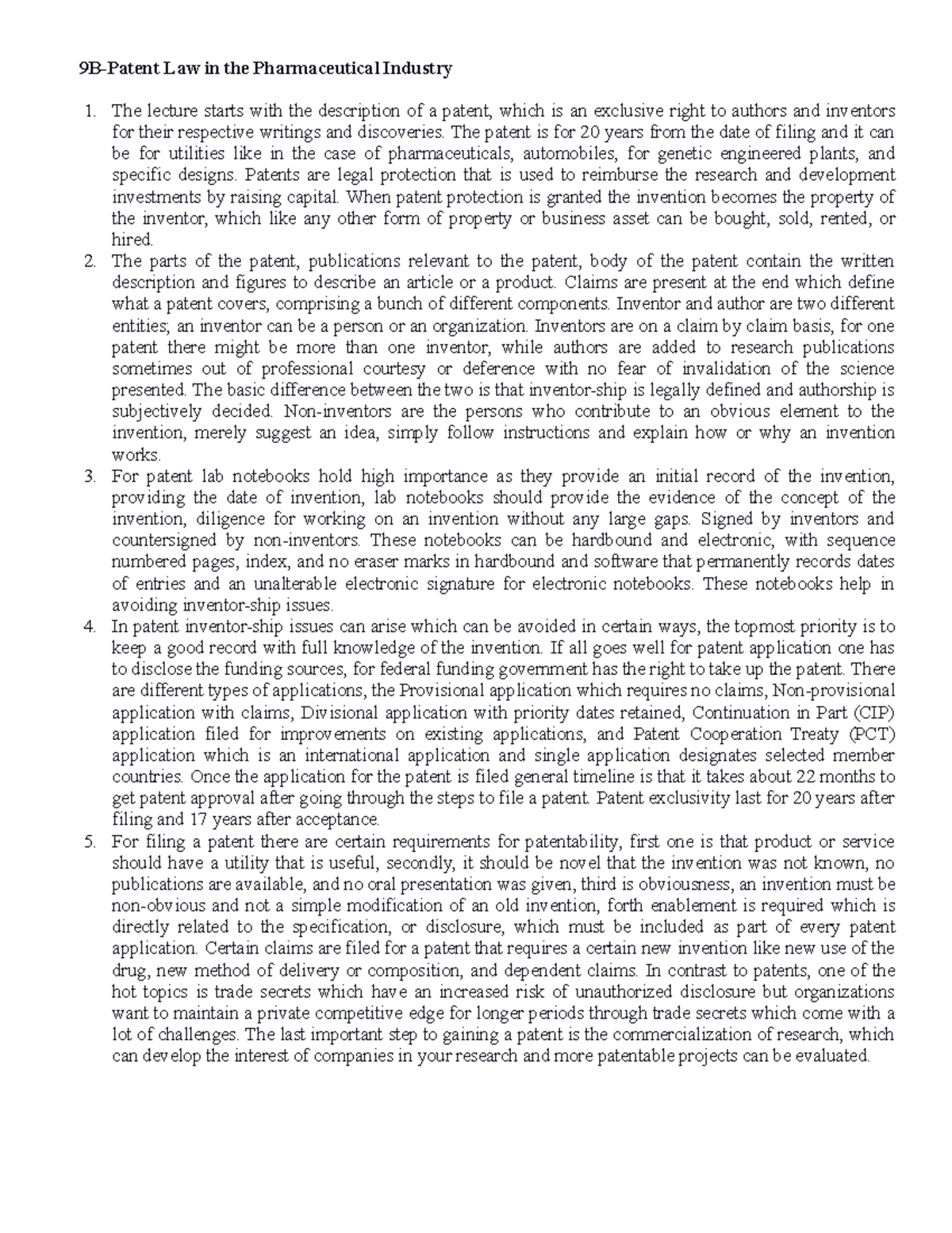 Lecture 10 B Summary - 9B-Patent Law In The Pharmaceutical Industry The ...