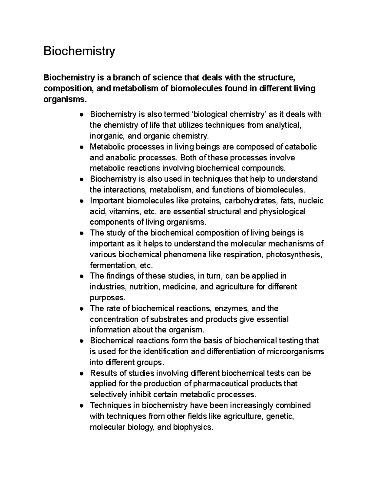 Biochemistry - Biochemistry Biochemistry Is A Branch Of Science That 