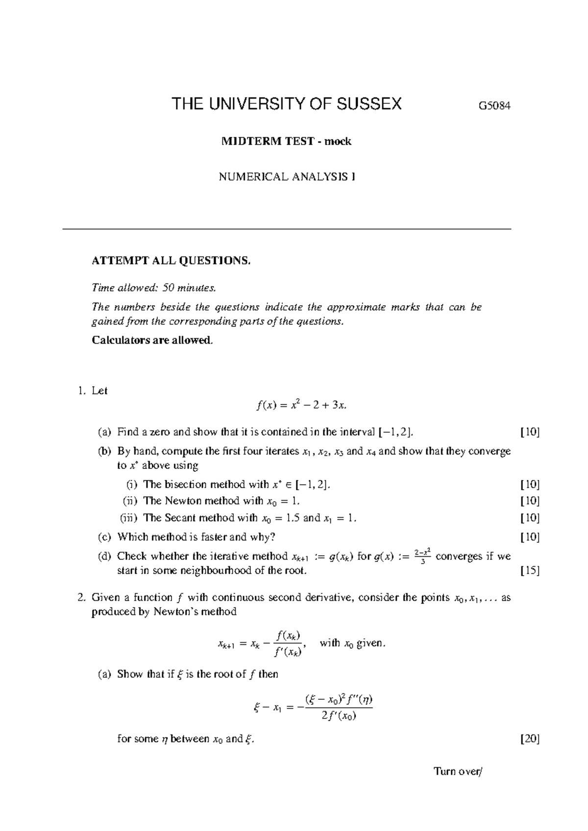 Numerical Analysis 1 mock Midterm exam - THE UNIVERSITY OF SUSSEX G5084 ...