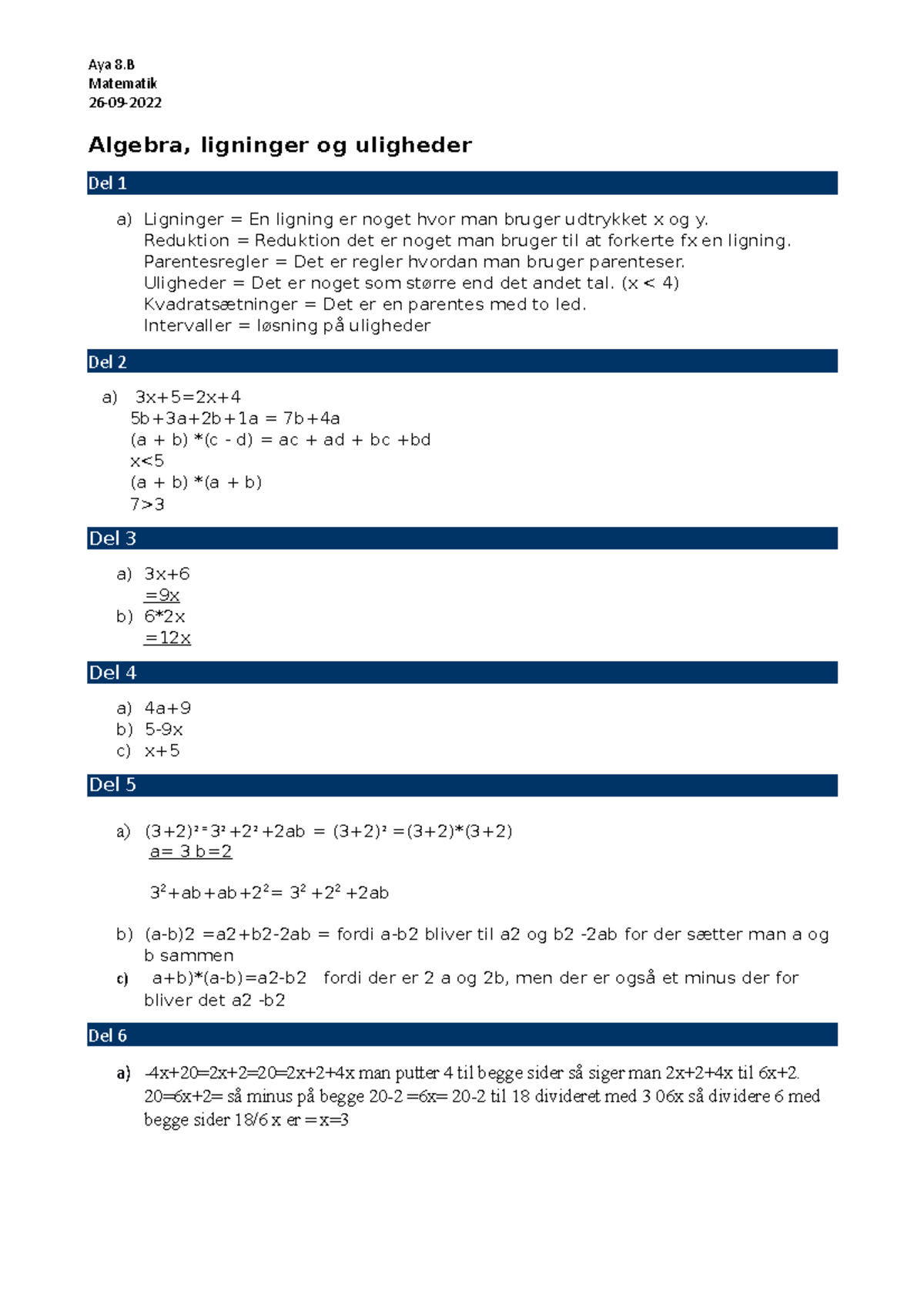 Algebra - Very Good - Aya 8 Matematik 26-09- Algebra, Ligninger Og ...