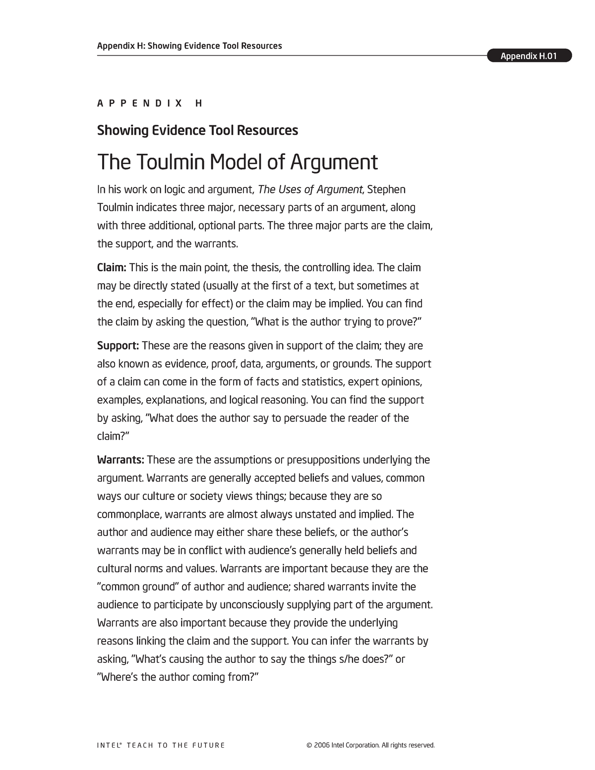 M9 Argumentation - APPENDIX H Showing Evidence Tool Resources The ...