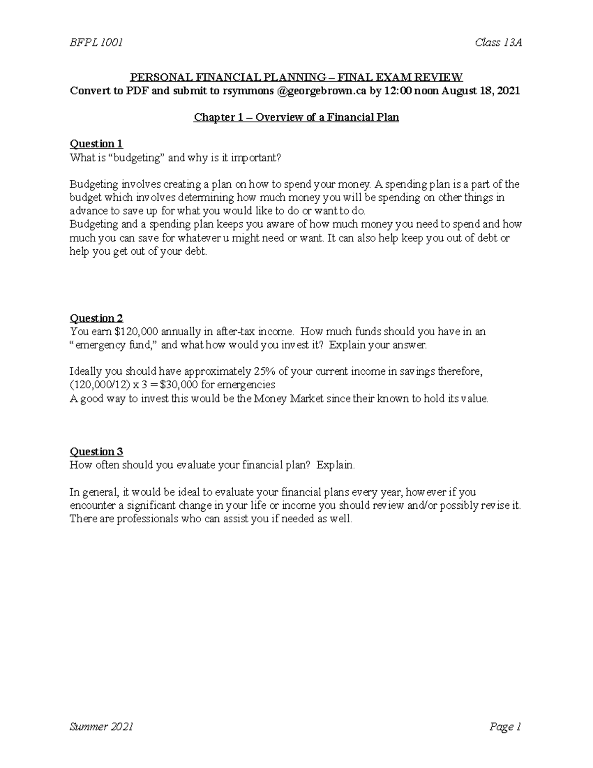 Finance Assignment - PERSONAL FINANCIAL PLANNING – FINAL EXAM REVIEW ...