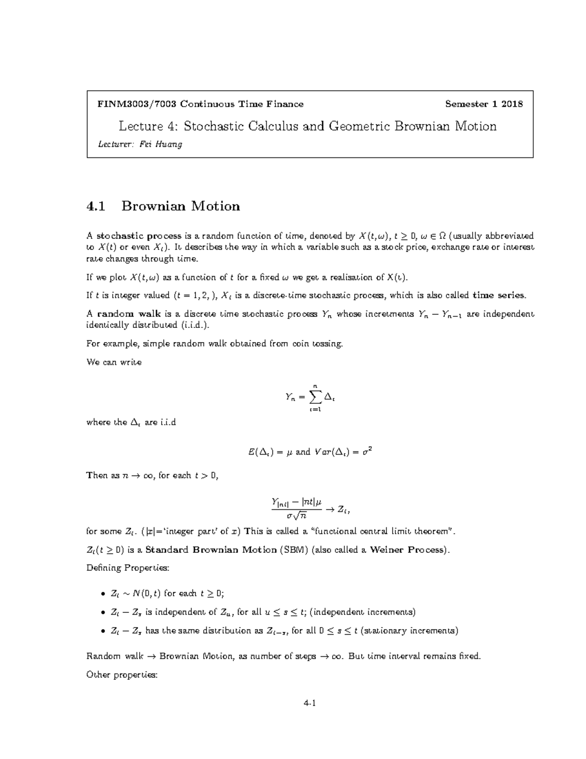 Lecture 4 - FINM3003/7003 Continuous Time Finance Semester 1 2018 ...