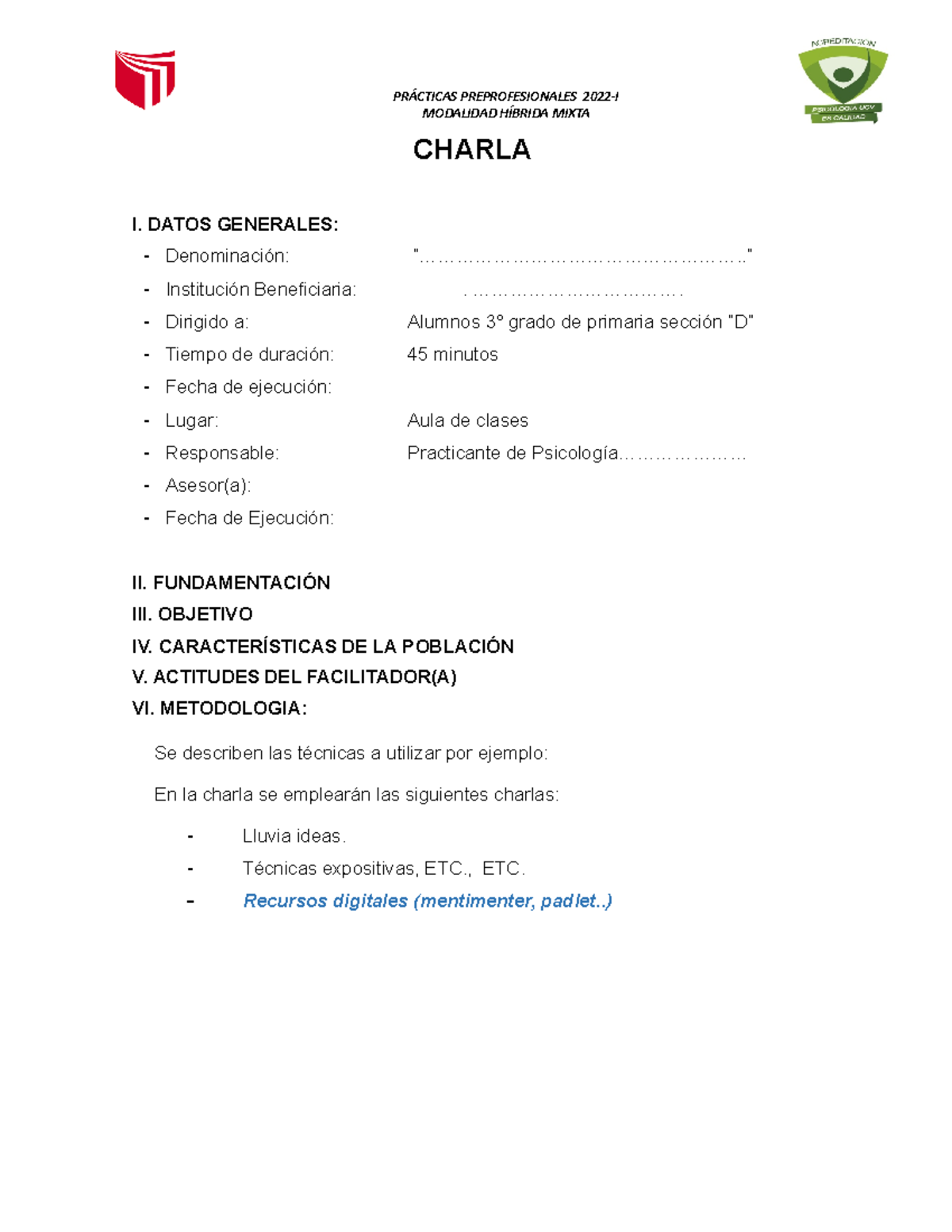 Esquema DE Charla - PSICOLOGIA - CHARLA I. DATOS GENERALES ...