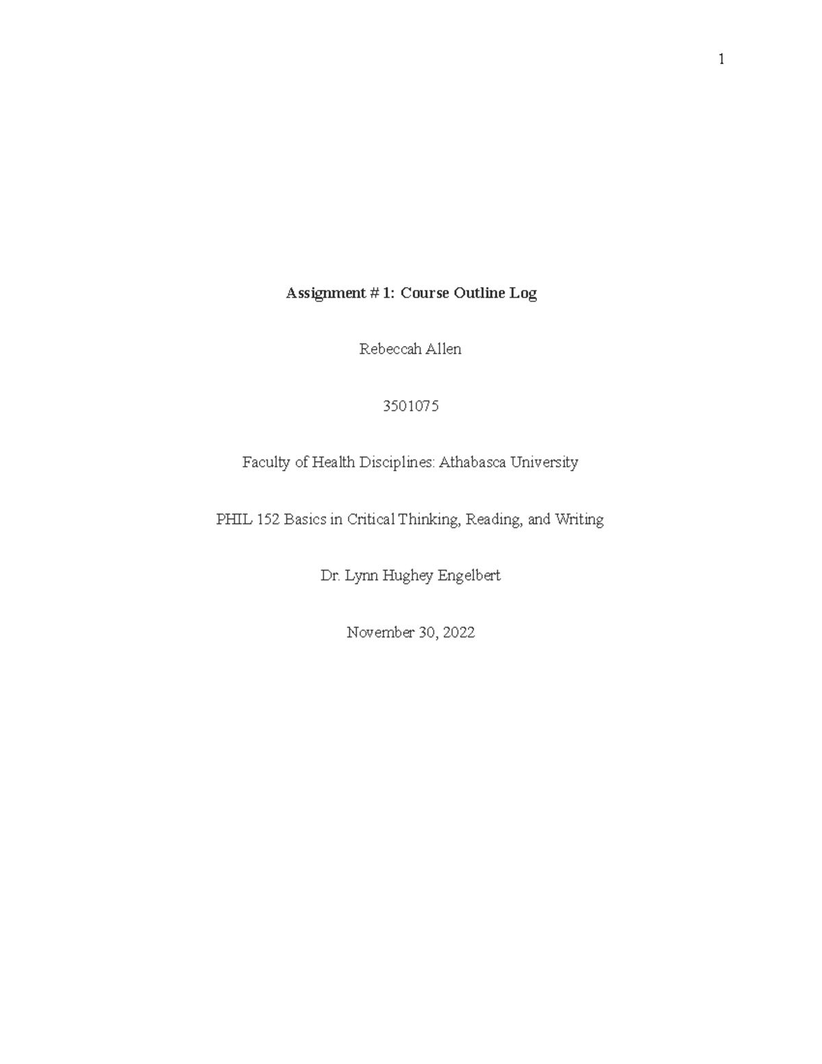 Assignment #1 Course Outline Log - Assignment # 1: Course Outline Log ...