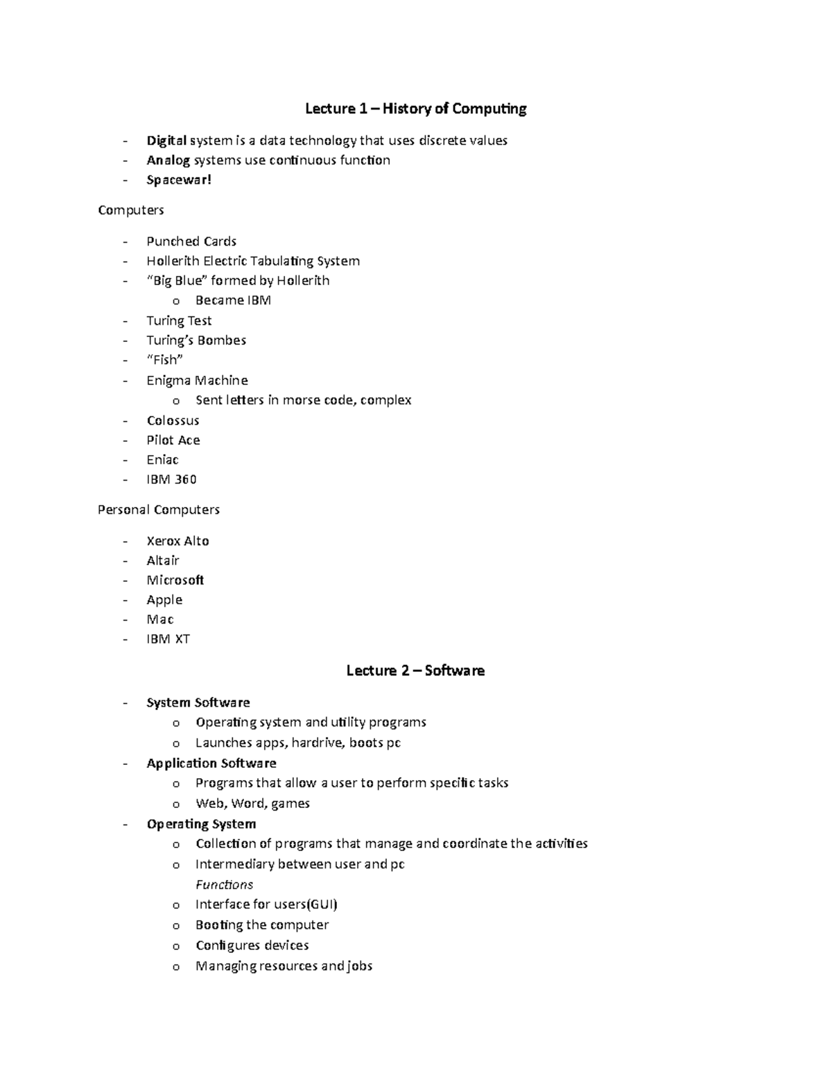 Notes on Lectures - Lecture 1 – History of Computing - Digital system ...