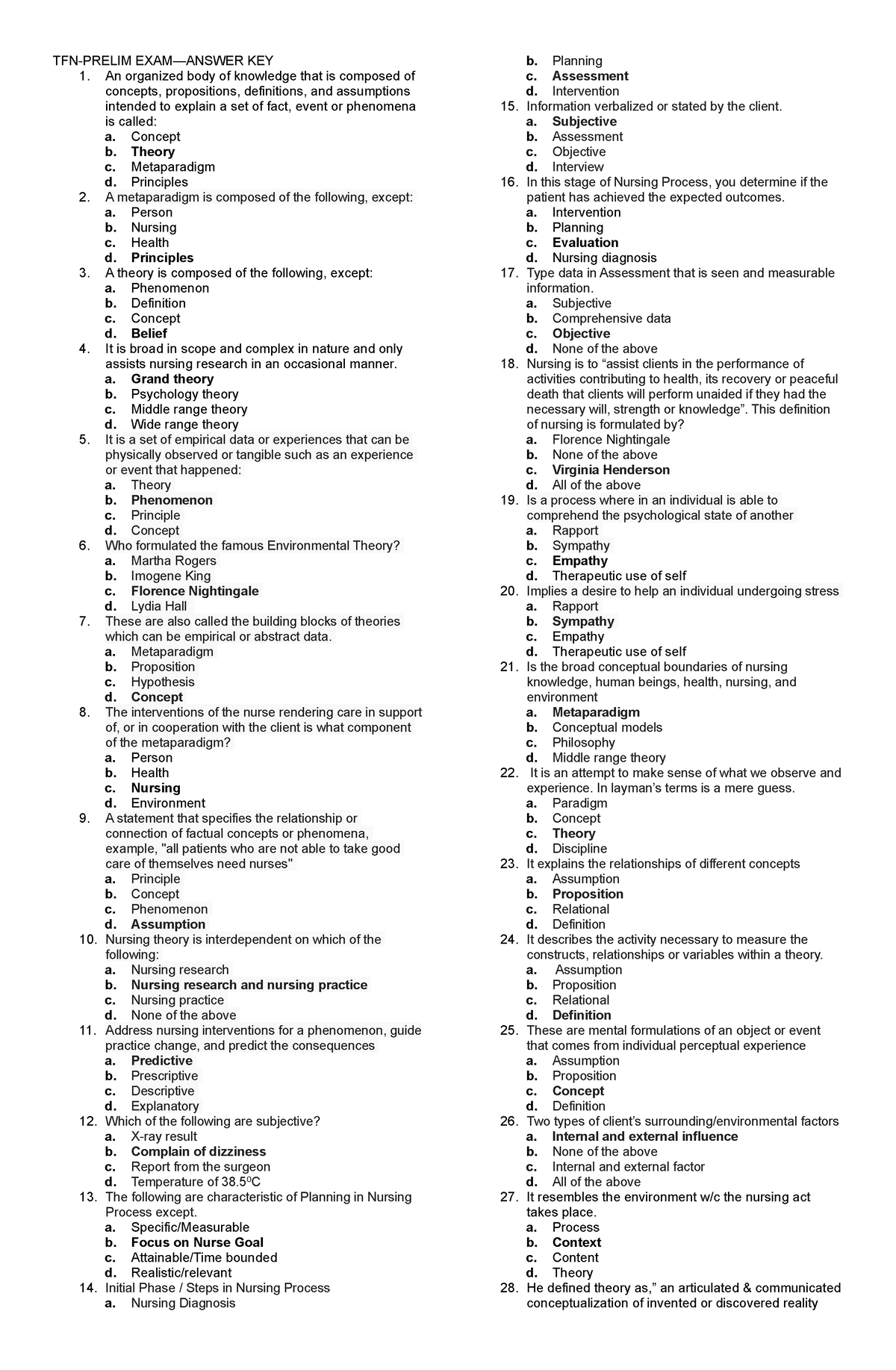 Prelim TFN Answer KEY TFN EXAM FOR YOU TFNPRELIM EXAM—ANSWER KEY