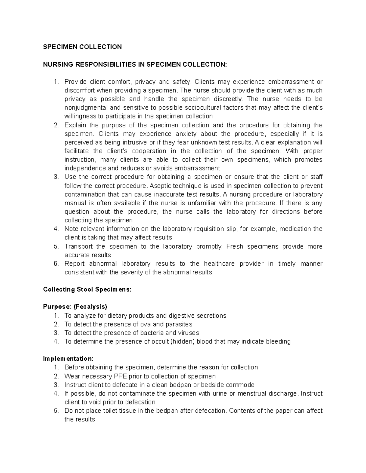 Specimen Collection n/a SPECIMEN COLLECTION NURSING