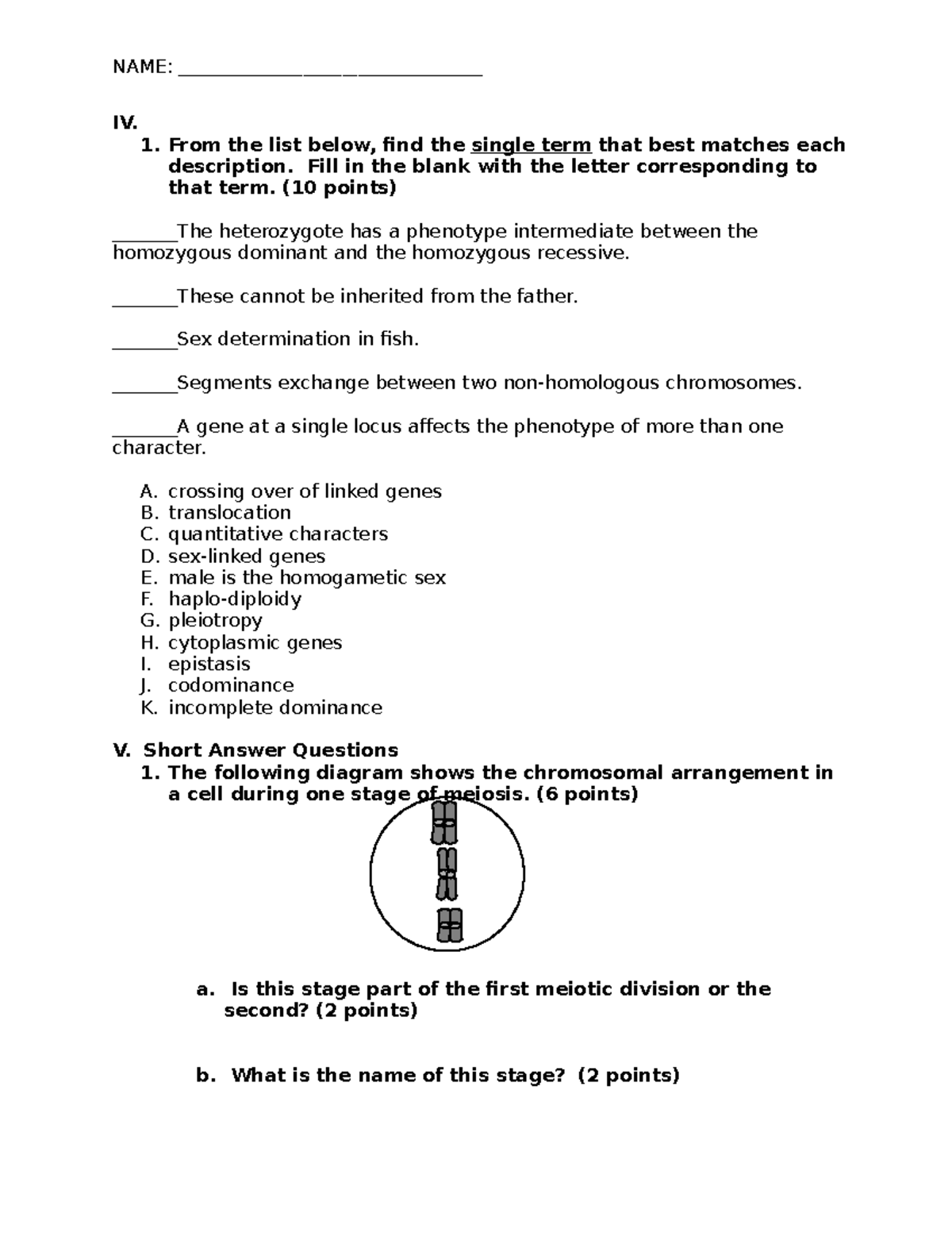 Bio 101-Exam II - Practice exam with solution - IV. From the list below ...