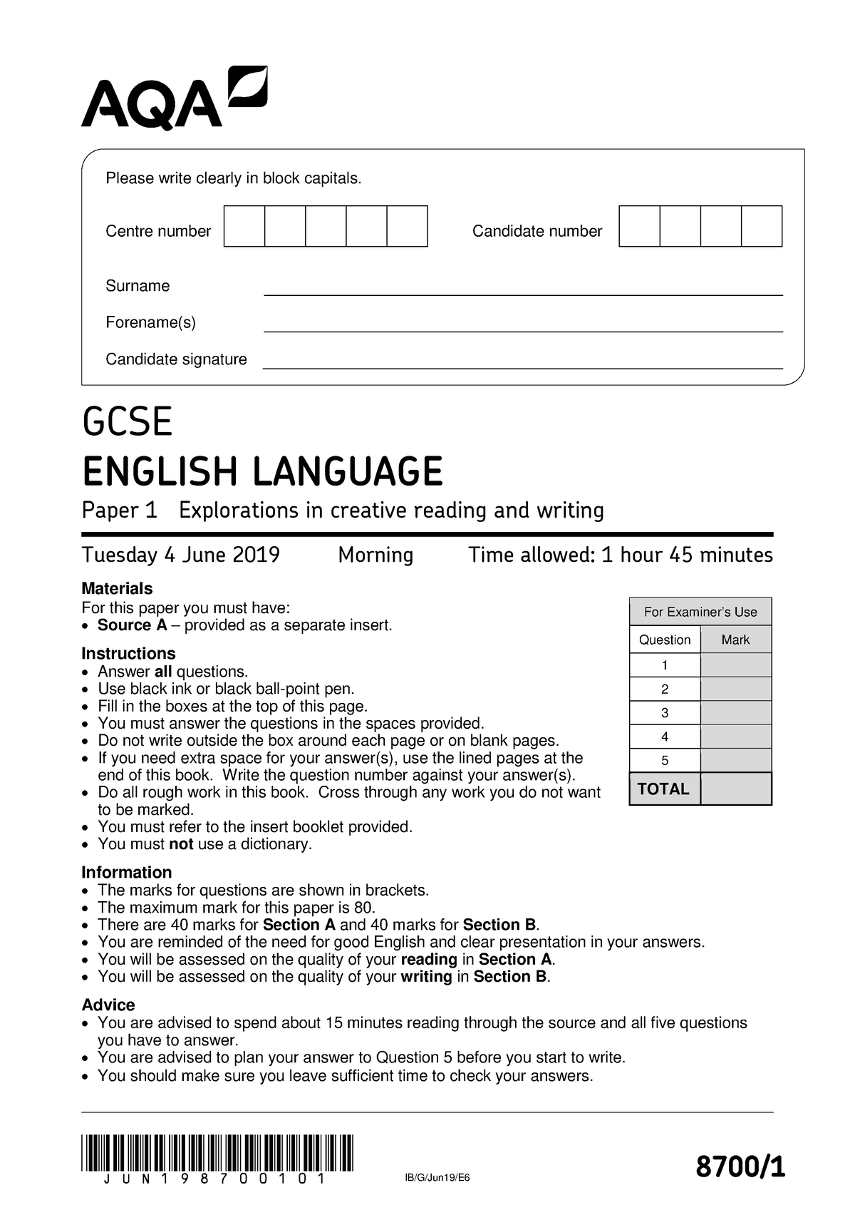 2019 Aqa Gcse English Language Paper 1 8700 1 Question Paper ...