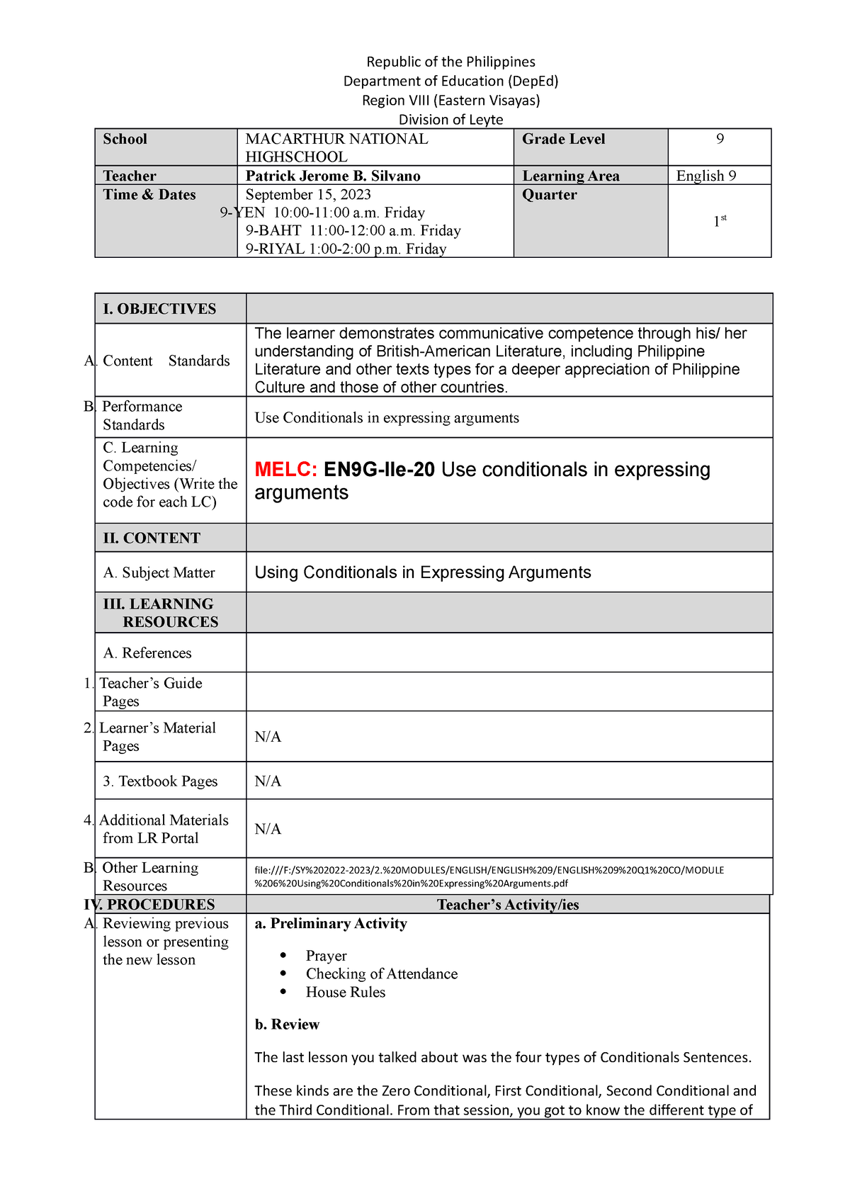 English 9 LP 8th - Copy - college instructional materials - Republic of ...